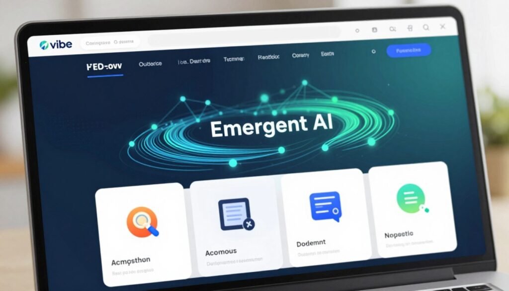 A modern coding platform interface showcasing the Vibe coding environment. In the foreground, vibrant icons of coding tools and app-building features are sharply defined, with a sleek, intuitive layout designed for no-code app development. The middle ground features an abstract representation of Emergent AI, with flowing lines and nodes that symbolize connectivity and innovation, gently illuminated with soft blue and green glowing lights. The background includes a subtle gradient of digital patterns, suggesting a futuristic workspace transformed by technology. The atmosphere is dynamic and forward-thinking, evoking a sense of empowerment and creativity in coding. The scene is captured with a slight angle, emphasizing depth, using bright, natural lighting that enhances the modern aesthetic. A modern coding platform interface showcasing the Vibe coding environment. In the foreground, vibrant icons of coding tools and app-building features are sharply defined, with a sleek, intuitive layout designed for no-code app development. The middle ground features an abstract representation of Emergent AI, with flowing lines and nodes that symbolize connectivity and innovation, gently illuminated with soft blue and green glowing lights. The background includes a subtle gradient of digital patterns, suggesting a futuristic workspace transformed by technology. The atmosphere is dynamic and forward-thinking, evoking a sense of empowerment and creativity in coding. The scene is captured with a slight angle, emphasizing depth, using bright, natural lighting that enhances the modern aesthetic.