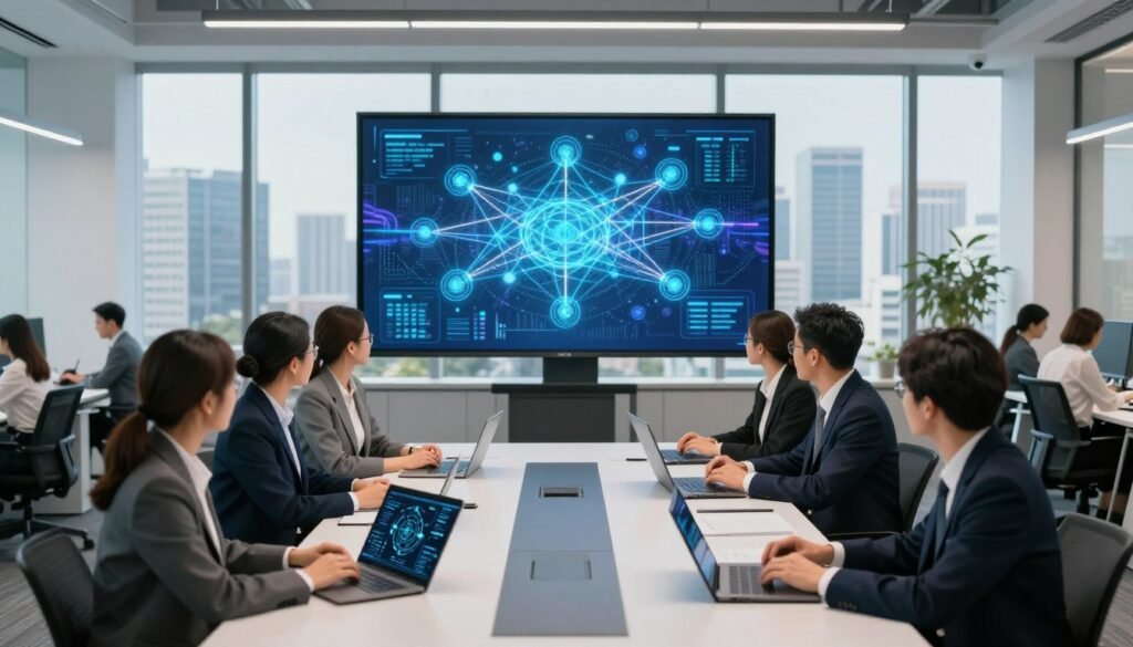 A modern corporate office environment showcasing a wide array of advanced network solutions for businesses. In the foreground, a professional team of diverse businesspeople, dressed in smart business attire, collaborates around a sleek conference table with digital tablets and laptops displaying network diagrams. The middle layer features a large digital screen displaying a vibrant network architecture visual, illustrating interconnected nodes and data flow. The background showcases a panoramic window revealing a bustling city skyline under bright daylight, with a clean and organized workspace. Soft, ambient lighting highlights the professionalism and innovation of the setting, evoking a sense of teamwork and cutting-edge technology. The atmosphere is dynamic and forward-thinking, reflecting the essence of comprehensive network solutions for enterprises. A modern corporate office environment showcasing a wide array of advanced network solutions for businesses. In the foreground, a professional team of diverse businesspeople, dressed in smart business attire, collaborates around a sleek conference table with digital tablets and laptops displaying network diagrams. The middle layer features a large digital screen displaying a vibrant network architecture visual, illustrating interconnected nodes and data flow. The background showcases a panoramic window revealing a bustling city skyline under bright daylight, with a clean and organized workspace. Soft, ambient lighting highlights the professionalism and innovation of the setting, evoking a sense of teamwork and cutting-edge technology. The atmosphere is dynamic and forward-thinking, reflecting the essence of comprehensive network solutions for enterprises.