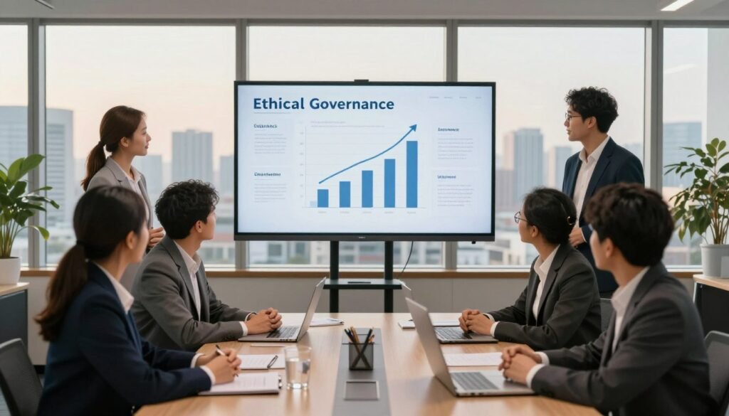 A modern corporate office scene symbolizing ethical governance and corporate responsibility. In the foreground, a diverse group of professionals in business attire—men and women of various ethnicities—engaged in a discussion around a table, showcasing collaboration and transparency. In the middle, a large screen displays a graph illustrating positive growth, surrounded by documents highlighting ethics and governance practices. The background features a panoramic city view through large windows, symbolizing a connection to the larger community. Soft, warm lighting fills the room, creating an inviting and optimistic atmosphere, captured with a wide-angle lens to emphasize the teamwork and commitment to ethical practices in business. The overall mood is hopeful and forward-thinking, embodying the principles of good governance. A modern corporate office scene symbolizing ethical governance and corporate responsibility. In the foreground, a diverse group of professionals in business attire—men and women of various ethnicities—engaged in a discussion around a table, showcasing collaboration and transparency. In the middle, a large screen displays a graph illustrating positive growth, surrounded by documents highlighting ethics and governance practices. The background features a panoramic city view through large windows, symbolizing a connection to the larger community. Soft, warm lighting fills the room, creating an inviting and optimistic atmosphere, captured with a wide-angle lens to emphasize the teamwork and commitment to ethical practices in business. The overall mood is hopeful and forward-thinking, embodying the principles of good governance.