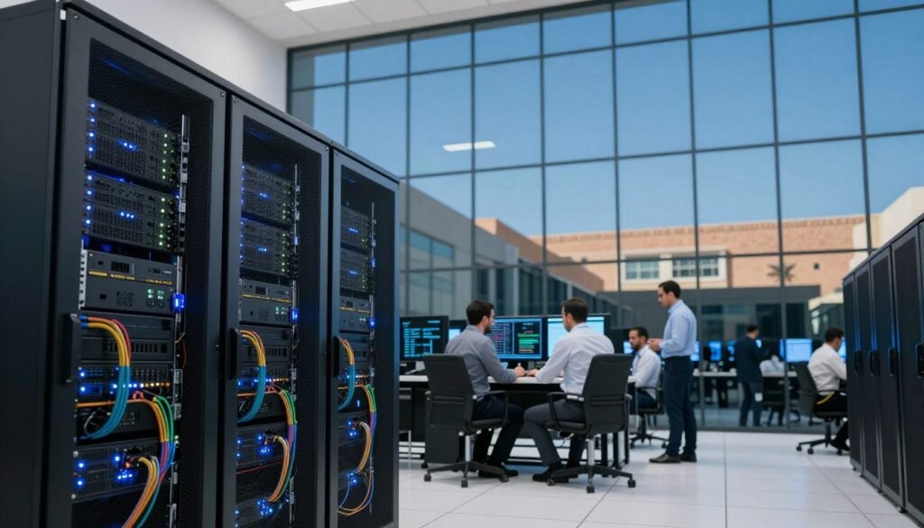 A modern data center in Morocco, showcasing cutting-edge colocation facilities. In the foreground, sleek server racks with blinking lights and cables, emphasizing high technology. The middle ground features engineers in professional business attire, collaborating over digital interfaces, with a focus on teamwork and innovation. The background highlights a large glass facade of the building, reflecting the Moroccan landscape and clear blue sky, symbolizing openness and connectivity. Soft, ambient lighting bathes the interior, creating a professional and inviting atmosphere. Capture the scene from a low angle to emphasize scale and sophistication, showcasing the advanced infrastructure that supports Morocco's growing data center market. A modern data center in Morocco, showcasing cutting-edge colocation facilities. In the foreground, sleek server racks with blinking lights and cables, emphasizing high technology. The middle ground features engineers in professional business attire, collaborating over digital interfaces, with a focus on teamwork and innovation. The background highlights a large glass facade of the building, reflecting the Moroccan landscape and clear blue sky, symbolizing openness and connectivity. Soft, ambient lighting bathes the interior, creating a professional and inviting atmosphere. Capture the scene from a low angle to emphasize scale and sophistication, showcasing the advanced infrastructure that supports Morocco's growing data center market.