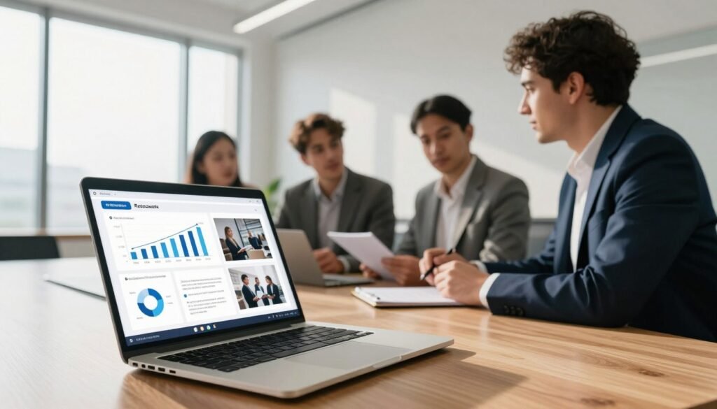 A modern design pitch deck displayed on a sleek wooden table in a well-lit conference room. In the foreground, a large laptop is open, revealing visually appealing slides with graphs, charts, and images showcasing innovative startup concepts, all designed in a professional layout. In the middle ground, a diverse group of four professionals, dressed in business attire, engage in a focused discussion, examining the laptop screen while holding notepads. In the background, large windows allow natural light to fill the room, casting soft shadows and creating a bright, inviting atmosphere. The overall mood is energetic and collaborative, reflecting a moment of strategic brainstorming aimed at impressing potential investors. The angle captures both the presentation and the engaged team, emphasizing teamwork and creativity. A modern design pitch deck displayed on a sleek wooden table in a well-lit conference room. In the foreground, a large laptop is open, revealing visually appealing slides with graphs, charts, and images showcasing innovative startup concepts, all designed in a professional layout. In the middle ground, a diverse group of four professionals, dressed in business attire, engage in a focused discussion, examining the laptop screen while holding notepads. In the background, large windows allow natural light to fill the room, casting soft shadows and creating a bright, inviting atmosphere. The overall mood is energetic and collaborative, reflecting a moment of strategic brainstorming aimed at impressing potential investors. The angle captures both the presentation and the engaged team, emphasizing teamwork and creativity.