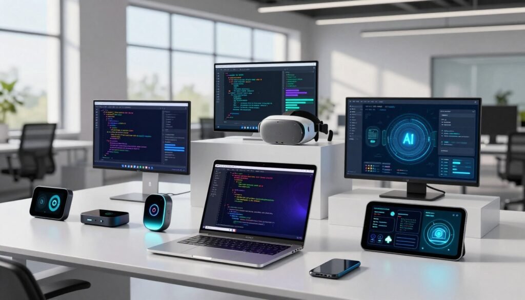 A modern developer's toolkit displayed prominently in an innovative workspace, showcasing various advanced coding tools and technologies. In the foreground, an open laptop with vibrant code on the screen, surrounded by sleek gadgets like smart devices and programmable interfaces. In the middle, an array of futuristic tools such as 3D design software, augmented reality glasses, and AI programming interfaces, all designed for seamless integration. The background features a bright, open office space with large windows letting in natural light, casting soft shadows. The atmosphere is dynamic and inspiring, filled with the essence of innovation. The color palette should be a mix of cool blues and greens, creating a tech-savvy vibe while maintaining a professional appearance. A modern developer's toolkit displayed prominently in an innovative workspace, showcasing various advanced coding tools and technologies. In the foreground, an open laptop with vibrant code on the screen, surrounded by sleek gadgets like smart devices and programmable interfaces. In the middle, an array of futuristic tools such as 3D design software, augmented reality glasses, and AI programming interfaces, all designed for seamless integration. The background features a bright, open office space with large windows letting in natural light, casting soft shadows. The atmosphere is dynamic and inspiring, filled with the essence of innovation. The color palette should be a mix of cool blues and greens, creating a tech-savvy vibe while maintaining a professional appearance.