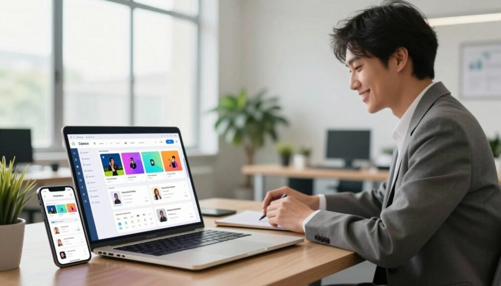 A modern digital workspace showcasing a seamless crosslisting platform for online selling. In the foreground, a sleek laptop displays a vibrant dashboard filled with colorful product listings and sales statistics. An elegant smartphone rests next to the laptop, showing the same listings synced through the app. In the middle, a professional individual, dressed in smart business attire, is reviewing items, smiling with satisfaction. Behind them, a bright, open office with large windows allowing natural light to flood the space, creating a warm and inviting atmosphere. Potted plants add a touch of greenery, enhancing the feeling of productivity and success. The overall mood is professional yet accessible, emphasizing the simplicity and efficiency of crosslisting in the online marketplace. Use a soft focus for the background, directing attention to the foreground elements. A modern digital workspace showcasing a seamless crosslisting platform for online selling. In the foreground, a sleek laptop displays a vibrant dashboard filled with colorful product listings and sales statistics. An elegant smartphone rests next to the laptop, showing the same listings synced through the app. In the middle, a professional individual, dressed in smart business attire, is reviewing items, smiling with satisfaction. Behind them, a bright, open office with large windows allowing natural light to flood the space, creating a warm and inviting atmosphere. Potted plants add a touch of greenery, enhancing the feeling of productivity and success. The overall mood is professional yet accessible, emphasizing the simplicity and efficiency of crosslisting in the online marketplace. Use a soft focus for the background, directing attention to the foreground elements.