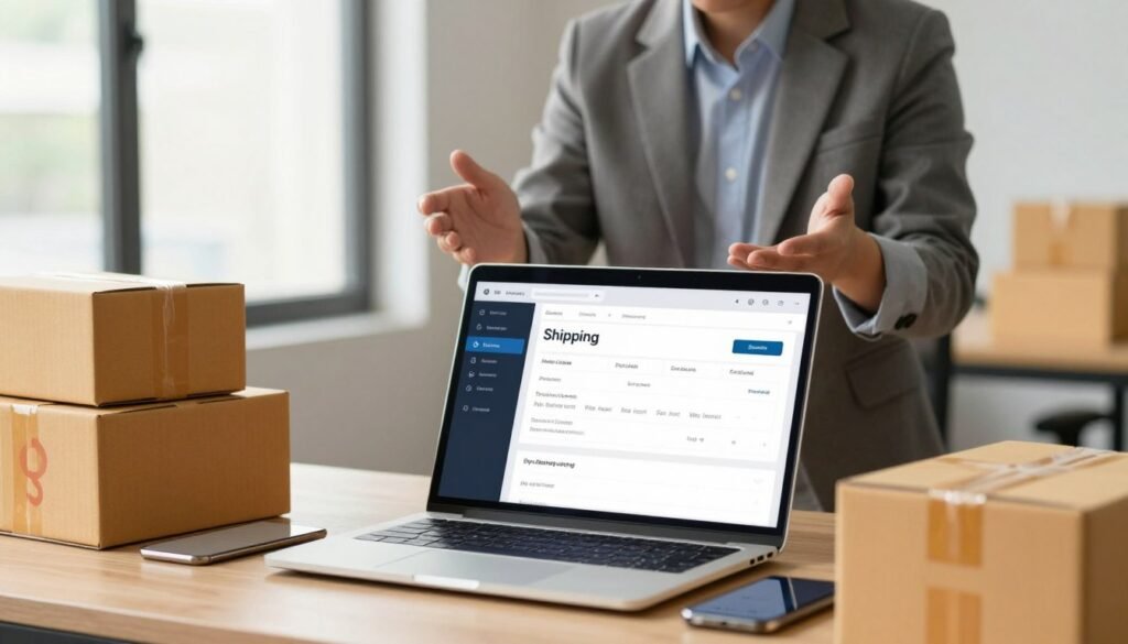 A modern digital workspace showcasing key features of a shipping platform. In the foreground, a sleek laptop displaying a user-friendly interface, complete with shipping labels and order tracking, surrounded by shipping boxes and a smartphone with notifications. In the middle ground, a professional business person, dressed in smart casual attire, engaged in focused discussions, analyzing shipping costs and delivery metrics. The background features a bright office setting, with large windows allowing natural light to pour in, creating a warm, inviting atmosphere. The overall mood conveys efficiency and reliability, capturing the essence of fast and trustworthy shipping solutions. A modern digital workspace showcasing key features of a shipping platform. In the foreground, a sleek laptop displaying a user-friendly interface, complete with shipping labels and order tracking, surrounded by shipping boxes and a smartphone with notifications. In the middle ground, a professional business person, dressed in smart casual attire, engaged in focused discussions, analyzing shipping costs and delivery metrics. The background features a bright office setting, with large windows allowing natural light to pour in, creating a warm, inviting atmosphere. The overall mood conveys efficiency and reliability, capturing the essence of fast and trustworthy shipping solutions.