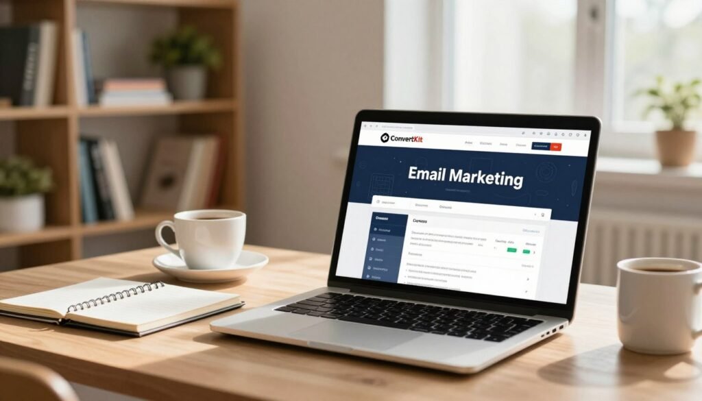 A modern digital workspace showcasing the key features of email marketing through ConvertKit. In the foreground, a sleek laptop displays an engaging email campaign interface with templates and analytics. Beside it, an elegant notepad and a coffee cup create a cozy vibe. The middle ground reveals a blurred bookshelf filled with marketing books and a potted plant, enhancing the professional atmosphere. In the background, a bright window allows natural light to illuminate the scene, casting soft shadows on the desk. The overall mood is inspiring and productive, inviting the viewer into the world of effective email marketing strategies. Use a warm color palette to evoke creativity and energy. The composition should be balanced and focused on the subject, avoiding any distractions. A modern digital workspace showcasing the key features of email marketing through ConvertKit. In the foreground, a sleek laptop displays an engaging email campaign interface with templates and analytics. Beside it, an elegant notepad and a coffee cup create a cozy vibe. The middle ground reveals a blurred bookshelf filled with marketing books and a potted plant, enhancing the professional atmosphere. In the background, a bright window allows natural light to illuminate the scene, casting soft shadows on the desk. The overall mood is inspiring and productive, inviting the viewer into the world of effective email marketing strategies. Use a warm color palette to evoke creativity and energy. The composition should be balanced and focused on the subject, avoiding any distractions.