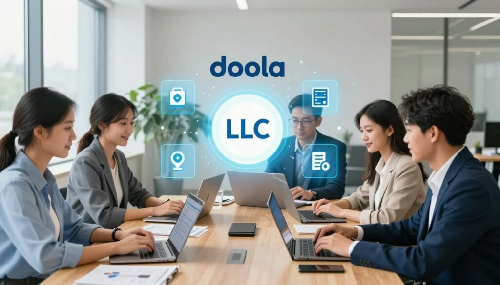 A modern digital workspace showcasing the key services of the doola platform. In the foreground, a diverse group of professional individuals, dressed in smart business attire, collaborates around a sleek wooden table covered with laptops, documents, and digital devices, representing business creation and management processes. In the middle ground, visual icons symbolizing various services such as LLC formation, tax assistance, and business compliance, are displayed as floating graphics around the table, illuminated with soft, ambient lighting. The background features a bright, well-organized office environment with large windows, allowing natural light to flood in, creating an uplifting, productive atmosphere. The overall color palette is friendly and professional, with soft blues and greens, evoking innovation and reliability in entrepreneurship. A modern digital workspace showcasing the key services of the doola platform. In the foreground, a diverse group of professional individuals, dressed in smart business attire, collaborates around a sleek wooden table covered with laptops, documents, and digital devices, representing business creation and management processes. In the middle ground, visual icons symbolizing various services such as LLC formation, tax assistance, and business compliance, are displayed as floating graphics around the table, illuminated with soft, ambient lighting. The background features a bright, well-organized office environment with large windows, allowing natural light to flood in, creating an uplifting, productive atmosphere. The overall color palette is friendly and professional, with soft blues and greens, evoking innovation and reliability in entrepreneurship.
