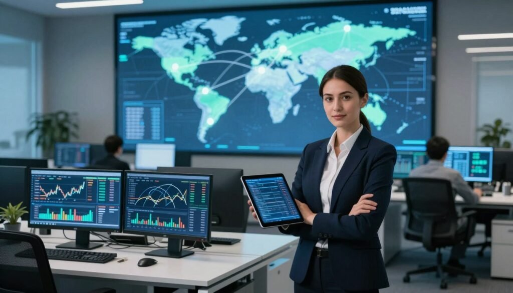 A modern financial technology office setting depicting the concept of an interbank electronic payment center. In the foreground, a professional business representative, dressed in formal attire, stands confidently with arms crossed, showcasing a digital tablet displaying transaction data. The middle ground features sleek, high-tech desks with multiple monitors, showing real-time financial graphs and network connections. In the background, a large digital screen displays a world map with glowing connection points, symbolizing global communication. Soft, ambient lighting creates a professional atmosphere, with a cool color palette of blues and greens. The camera angle is slightly elevated, providing a panoramic view of the workspace, emphasizing a sense of innovation and reliability in electronic payments. A modern financial technology office setting depicting the concept of an interbank electronic payment center. In the foreground, a professional business representative, dressed in formal attire, stands confidently with arms crossed, showcasing a digital tablet displaying transaction data. The middle ground features sleek, high-tech desks with multiple monitors, showing real-time financial graphs and network connections. In the background, a large digital screen displays a world map with glowing connection points, symbolizing global communication. Soft, ambient lighting creates a professional atmosphere, with a cool color palette of blues and greens. The camera angle is slightly elevated, providing a panoramic view of the workspace, emphasizing a sense of innovation and reliability in electronic payments.
