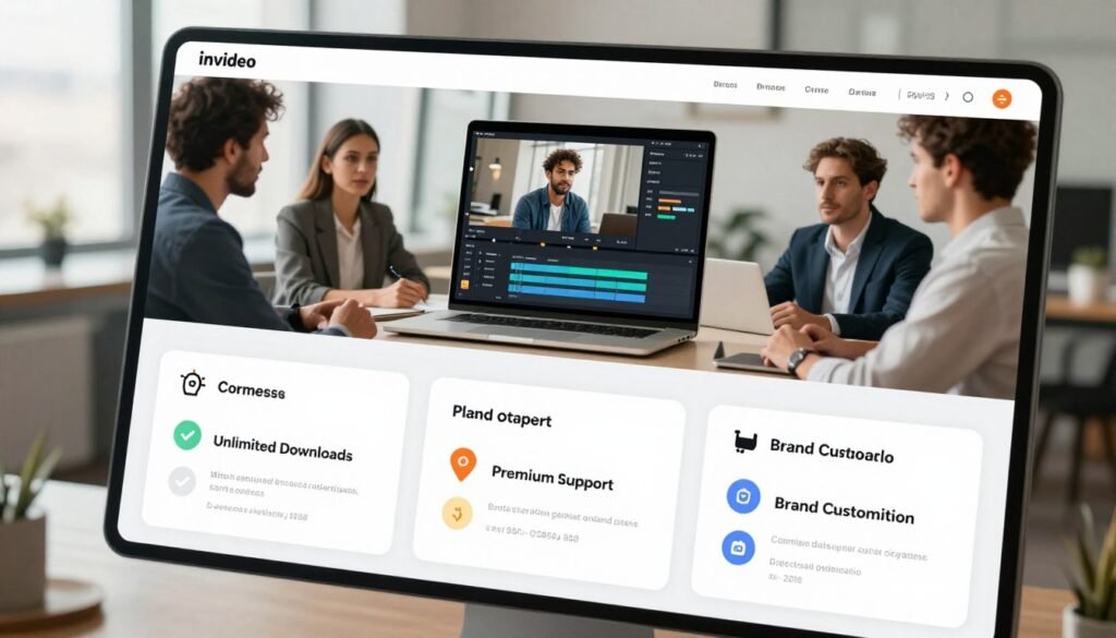 A modern, high-quality visual representation of a pricing and plans overview for InVideo, featuring a sleek digital display with various subscription tiers and pricing options. In the foreground, detailed cards showing diverse plans with graphical elements like check marks and icons representing features such as "Unlimited Downloads," "Premium Support," and "Brand Customization." The middle section contains a stylish laptop showcasing a video editing interface, surrounded by professional business people in smart casual attire, engaged in discussion. The background includes a bright, airy office environment with large windows letting in natural light, creating a productive atmosphere. Soft lighting enhances the professionalism of the scene, captured from a slightly elevated angle for depth and engagement. The mood is focused and motivated, inviting potential users to explore their options. A modern, high-quality visual representation of a pricing and plans overview for InVideo, featuring a sleek digital display with various subscription tiers and pricing options. In the foreground, detailed cards showing diverse plans with graphical elements like check marks and icons representing features such as "Unlimited Downloads," "Premium Support," and "Brand Customization." The middle section contains a stylish laptop showcasing a video editing interface, surrounded by professional business people in smart casual attire, engaged in discussion. The background includes a bright, airy office environment with large windows letting in natural light, creating a productive atmosphere. Soft lighting enhances the professionalism of the scene, captured from a slightly elevated angle for depth and engagement. The mood is focused and motivated, inviting potential users to explore their options.