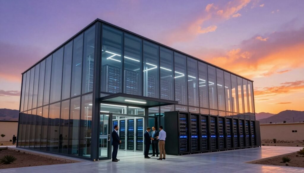 A modern, high-tech datacenter in Morocco, showcasing a sleek exterior with glass and steel architecture, set against a vibrant sunset sky that casts warm hues of orange and purple. In the foreground, the datacenter's entrance features professional staff in business attire, engaging with customers. The middle ground highlights rows of blinking servers and intricate networking equipment, symbolizing robust web hosting capabilities. The background reveals the Moroccan landscape with distant mountains, blending the technology with local culture. The atmosphere is dynamic yet inviting, illuminated by soft LED lighting and natural light filtering in, conveying a sense of innovation and reliability. Capture the essence of web hosting and performance in a Moroccan context. A modern, high-tech datacenter in Morocco, showcasing a sleek exterior with glass and steel architecture, set against a vibrant sunset sky that casts warm hues of orange and purple. In the foreground, the datacenter's entrance features professional staff in business attire, engaging with customers. The middle ground highlights rows of blinking servers and intricate networking equipment, symbolizing robust web hosting capabilities. The background reveals the Moroccan landscape with distant mountains, blending the technology with local culture. The atmosphere is dynamic yet inviting, illuminated by soft LED lighting and natural light filtering in, conveying a sense of innovation and reliability. Capture the essence of web hosting and performance in a Moroccan context.