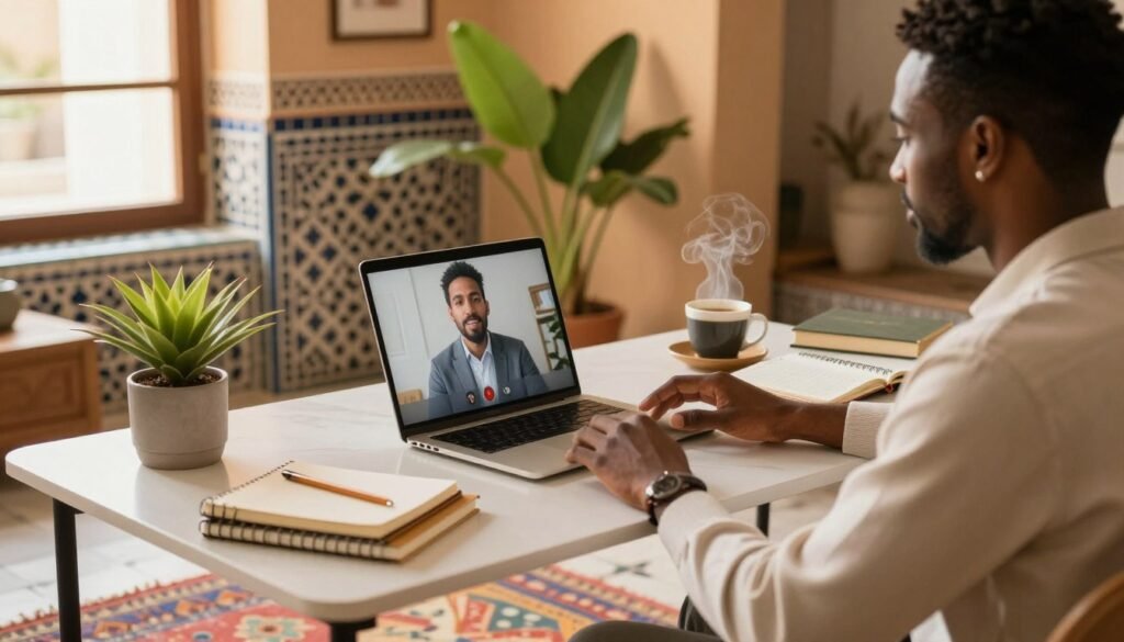 A modern home office in Morocco, showcasing a stylish desk setup with a laptop, notebooks, and a steaming coffee cup, all thoughtfully organized for remote work. In the foreground, a person of North African descent, dressed in professional casual attire, is attentively engaged in a video call. In the middle ground, a vibrant plant brings life to the scene, along with a colorful rug under the desk. The background features warm Moroccan architectural elements, like ornate tiles and a window allowing natural light to flood in, creating an inviting atmosphere. The soft golden light enhances the productivity vibe, and the composition is captured from a slight angle to convey depth and focus on the workspace. A modern home office in Morocco, showcasing a stylish desk setup with a laptop, notebooks, and a steaming coffee cup, all thoughtfully organized for remote work. In the foreground, a person of North African descent, dressed in professional casual attire, is attentively engaged in a video call. In the middle ground, a vibrant plant brings life to the scene, along with a colorful rug under the desk. The background features warm Moroccan architectural elements, like ornate tiles and a window allowing natural light to flood in, creating an inviting atmosphere. The soft golden light enhances the productivity vibe, and the composition is captured from a slight angle to convey depth and focus on the workspace.