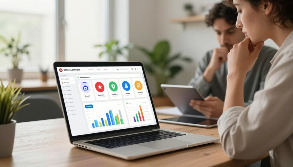 A modern, interactive social media dashboard displayed on a sleek laptop in a professional office environment. The foreground features a user-focused presentation of various Moroccan social media platforms, each represented by colorful icons and graphs, showcasing engagement metrics and analytics. In the middle ground, a focused business professional in smart casual attire analyzes the data on the screen, deep in thought, with a digital tablet nearby. The background reveals a stylish office workspace with potted plants and soft lighting, creating a productive ambiance. Natural light streams through a window, infusing the scene with a warm glow, emphasizing a sense of innovation and local adaptation of social media strategies. The overall atmosphere conveys professionalism and modernity. A modern, interactive social media dashboard displayed on a sleek laptop in a professional office environment. The foreground features a user-focused presentation of various Moroccan social media platforms, each represented by colorful icons and graphs, showcasing engagement metrics and analytics. In the middle ground, a focused business professional in smart casual attire analyzes the data on the screen, deep in thought, with a digital tablet nearby. The background reveals a stylish office workspace with potted plants and soft lighting, creating a productive ambiance. Natural light streams through a window, infusing the scene with a warm glow, emphasizing a sense of innovation and local adaptation of social media strategies. The overall atmosphere conveys professionalism and modernity.