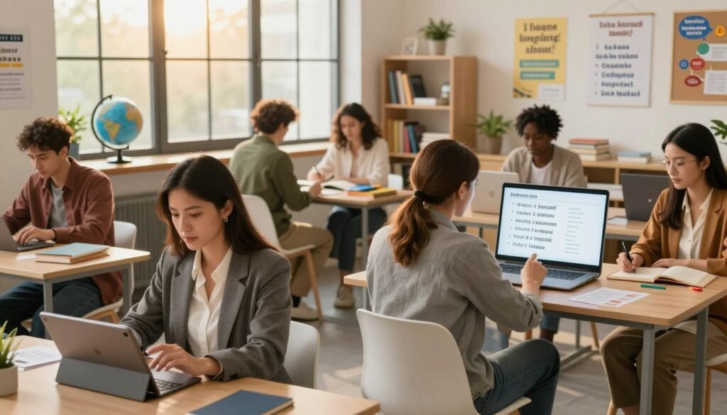 A modern, inviting learning environment depicting a diverse group of adult learners engaged in language lessons through interactive technology. In the foreground, a professional woman in business attire is studying on a tablet, while a man in smart casual clothing interacts with a digital screen displaying language exercises. The middle layer shows a cozy classroom setting filled with books, language posters, and motivational quotes about learning. In the background, large windows let in warm, natural light, creating an uplifting atmosphere. Include elements like a globe and language flashcards to emphasize the theme of language learning. Capture a sense of collaboration and engagement, with soft lighting to enhance the feeling of inspiration and focus. A modern, inviting learning environment depicting a diverse group of adult learners engaged in language lessons through interactive technology. In the foreground, a professional woman in business attire is studying on a tablet, while a man in smart casual clothing interacts with a digital screen displaying language exercises. The middle layer shows a cozy classroom setting filled with books, language posters, and motivational quotes about learning. In the background, large windows let in warm, natural light, creating an uplifting atmosphere. Include elements like a globe and language flashcards to emphasize the theme of language learning. Capture a sense of collaboration and engagement, with soft lighting to enhance the feeling of inspiration and focus.