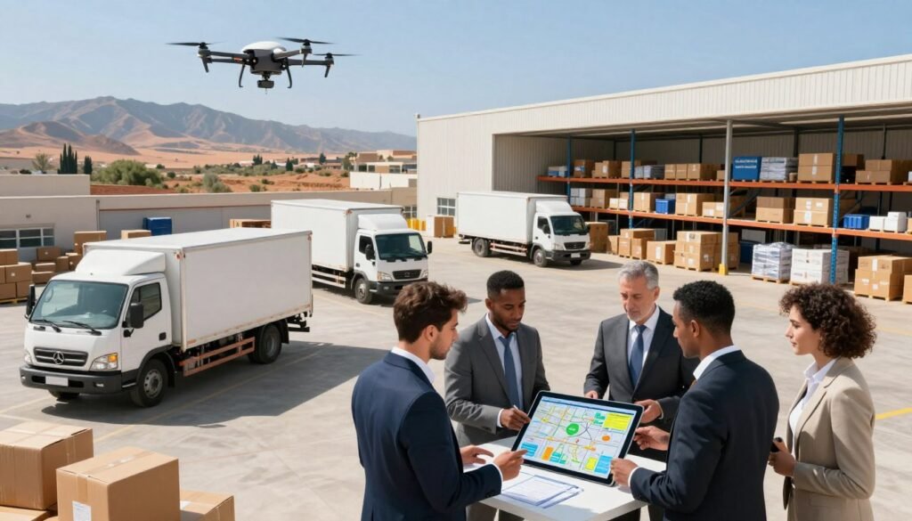 A modern logistics hub set in Morocco, showcasing an efficient transport and distribution operation. In the foreground, a diverse group of professionals in business attire are engaged in planning and strategy discussions around a digital map or tablet, highlighting optimization strategies. The middle ground features delivery trucks and drones loaded with packages ready for distribution, moving towards a bright, sunlit warehouse filled with organized shelves of goods. In the background, a scenic view of the Moroccan landscape and mountains under a clear blue sky adds depth. Soft, natural lighting enhances the sense of innovation and efficiency. The overall atmosphere conveys a spirit of collaboration and advancement within the logistics sector. A modern logistics hub set in Morocco, showcasing an efficient transport and distribution operation. In the foreground, a diverse group of professionals in business attire are engaged in planning and strategy discussions around a digital map or tablet, highlighting optimization strategies. The middle ground features delivery trucks and drones loaded with packages ready for distribution, moving towards a bright, sunlit warehouse filled with organized shelves of goods. In the background, a scenic view of the Moroccan landscape and mountains under a clear blue sky adds depth. Soft, natural lighting enhances the sense of innovation and efficiency. The overall atmosphere conveys a spirit of collaboration and advancement within the logistics sector.