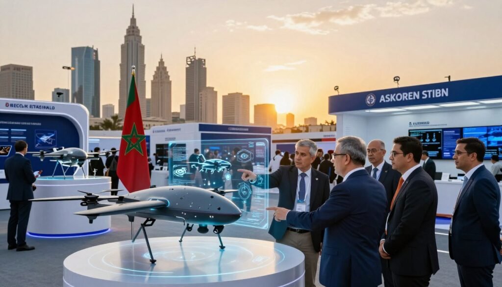 A modern military technology conference in Morocco, showcasing an advanced display of defense innovations. In the foreground, a group of professionals in business attire engaging in a discussion, pointing at a holographic representation of cutting-edge military drones and cybersecurity systems. The middle ground features sleek technology booths adorned with flags of Morocco and international partners, highlighting collaborative projects. The background displays a futuristic city skyline under a sunset, with warm golden light illuminating the scene, creating an atmosphere of innovation and collaboration. The image should capture a sense of dynamism and progress, emphasizing the importance of international partnerships in technological advancements within the defense sector. A modern military technology conference in Morocco, showcasing an advanced display of defense innovations. In the foreground, a group of professionals in business attire engaging in a discussion, pointing at a holographic representation of cutting-edge military drones and cybersecurity systems. The middle ground features sleek technology booths adorned with flags of Morocco and international partners, highlighting collaborative projects. The background displays a futuristic city skyline under a sunset, with warm golden light illuminating the scene, creating an atmosphere of innovation and collaboration. The image should capture a sense of dynamism and progress, emphasizing the importance of international partnerships in technological advancements within the defense sector.