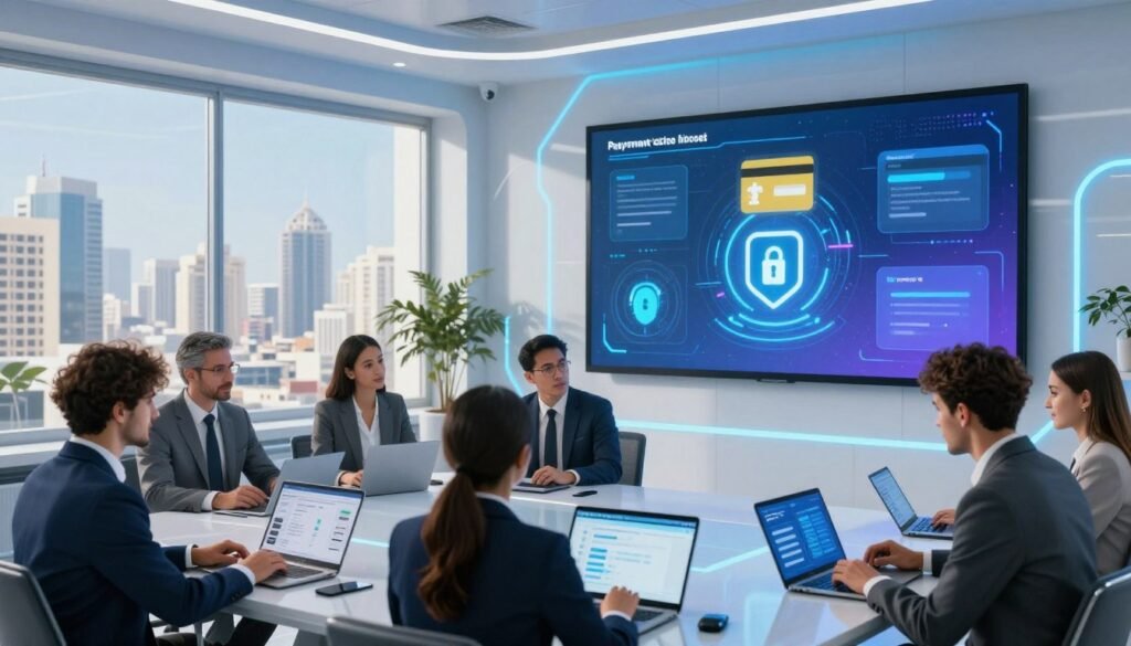 A modern multichannel payment platform representing security and technological integration, featuring a digital interface with vibrant graphical elements showcasing payment process icons like cards, smartphones, and online gateways. In the foreground, a diverse group of professionals in business attire collaborate over laptops and tablets, analyzing data on a large screen displaying security features like encryption and firewall symbols. The middle ground includes a sleek, futuristic office space with soft blue lighting and geometric designs, evoking a sense of advanced technology. In the background, large windows show a bustling cityscape under a clear sky, symbolizing growth and modernization in Morocco's banking sector. The atmosphere is dynamic, suggesting innovation and trust in financial transactions. A modern multichannel payment platform representing security and technological integration, featuring a digital interface with vibrant graphical elements showcasing payment process icons like cards, smartphones, and online gateways. In the foreground, a diverse group of professionals in business attire collaborate over laptops and tablets, analyzing data on a large screen displaying security features like encryption and firewall symbols. The middle ground includes a sleek, futuristic office space with soft blue lighting and geometric designs, evoking a sense of advanced technology. In the background, large windows show a bustling cityscape under a clear sky, symbolizing growth and modernization in Morocco's banking sector. The atmosphere is dynamic, suggesting innovation and trust in financial transactions.