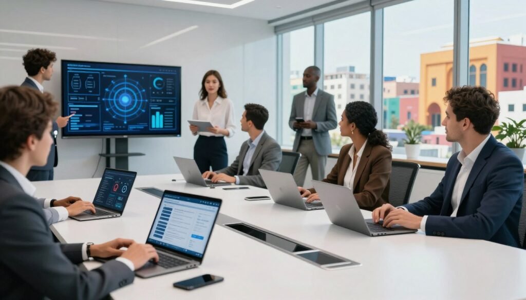 A modern office environment depicting a digital transition administrative framework for the Moroccan Ministry of Digital Transition and Administrative Reform. In the foreground, an elegantly designed, sleek conference table with digital devices like tablets and laptops, showcasing data analytics and reform strategies. The middle ground features professionals in business attire collaborating over digital displays, with a diverse team that includes men and women of various ethnic backgrounds, highlighting inclusivity. The background has large windows revealing a contemporary cityscape, infused with vibrant colors of Moroccan architecture. Use bright, natural lighting to create an optimistic atmosphere, captured with a wide-angle lens to convey depth and engagement in the scene. Focus on a sense of innovation and professionalism, ensuring clarity and sophistication in the overall composition. A modern office environment depicting a digital transition administrative framework for the Moroccan Ministry of Digital Transition and Administrative Reform. In the foreground, an elegantly designed, sleek conference table with digital devices like tablets and laptops, showcasing data analytics and reform strategies. The middle ground features professionals in business attire collaborating over digital displays, with a diverse team that includes men and women of various ethnic backgrounds, highlighting inclusivity. The background has large windows revealing a contemporary cityscape, infused with vibrant colors of Moroccan architecture. Use bright, natural lighting to create an optimistic atmosphere, captured with a wide-angle lens to convey depth and engagement in the scene. Focus on a sense of innovation and professionalism, ensuring clarity and sophistication in the overall composition.
