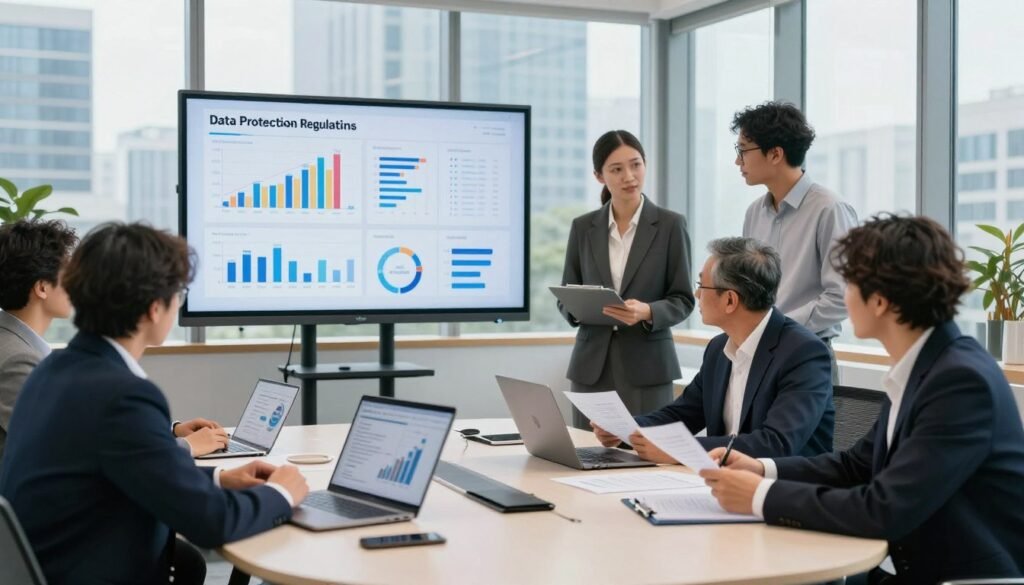 A modern office environment depicting a team of diverse professionals engaged in a collaborative meeting on data protection regulations. Foreground features a round table with focused individuals in professional business attire, reviewing documents and digital devices displaying charts and data flow diagrams. The middle ground shows a large wall screen with graphs illustrating compliance metrics and regulatory frameworks. In the background, a view of a city skyline through large windows emphasizes the urban setting. Bright, natural lighting streams in, creating a productive atmosphere, while soft shadows add depth. The mood is serious yet optimistic, reflecting the importance of regulatory oversight in data protection. A modern office environment depicting a team of diverse professionals engaged in a collaborative meeting on data protection regulations. Foreground features a round table with focused individuals in professional business attire, reviewing documents and digital devices displaying charts and data flow diagrams. The middle ground shows a large wall screen with graphs illustrating compliance metrics and regulatory frameworks. In the background, a view of a city skyline through large windows emphasizes the urban setting. Bright, natural lighting streams in, creating a productive atmosphere, while soft shadows add depth. The mood is serious yet optimistic, reflecting the importance of regulatory oversight in data protection.