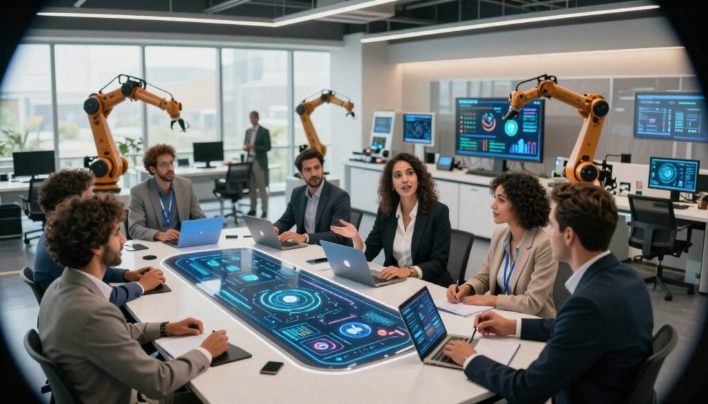 A modern office environment embodying the intersection of artificial intelligence and industry. In the foreground, a diverse group of professionals, including Hajar Mousannif, a Moroccan woman in a smart business suit, is engaged in a spirited discussion around a futuristic table with digital displays showcasing AI data and analytics. In the middle ground, a sleek, high-tech workspace with large windows allowing natural light to filter in, highlighting the innovative atmosphere. The background features advanced technology elements like robotic arms, AI-driven machinery, and charts illustrating societal impacts. The overall mood is dynamic and inspiring, emphasizing collaboration, innovation, and the transformative power of AI in shaping industry and society. The image should have soft, warm lighting that gives a welcoming yet professional vibe, captured with a slight fisheye lens effect for depth. A modern office environment embodying the intersection of artificial intelligence and industry. In the foreground, a diverse group of professionals, including Hajar Mousannif, a Moroccan woman in a smart business suit, is engaged in a spirited discussion around a futuristic table with digital displays showcasing AI data and analytics. In the middle ground, a sleek, high-tech workspace with large windows allowing natural light to filter in, highlighting the innovative atmosphere. The background features advanced technology elements like robotic arms, AI-driven machinery, and charts illustrating societal impacts. The overall mood is dynamic and inspiring, emphasizing collaboration, innovation, and the transformative power of AI in shaping industry and society. The image should have soft, warm lighting that gives a welcoming yet professional vibe, captured with a slight fisheye lens effect for depth.