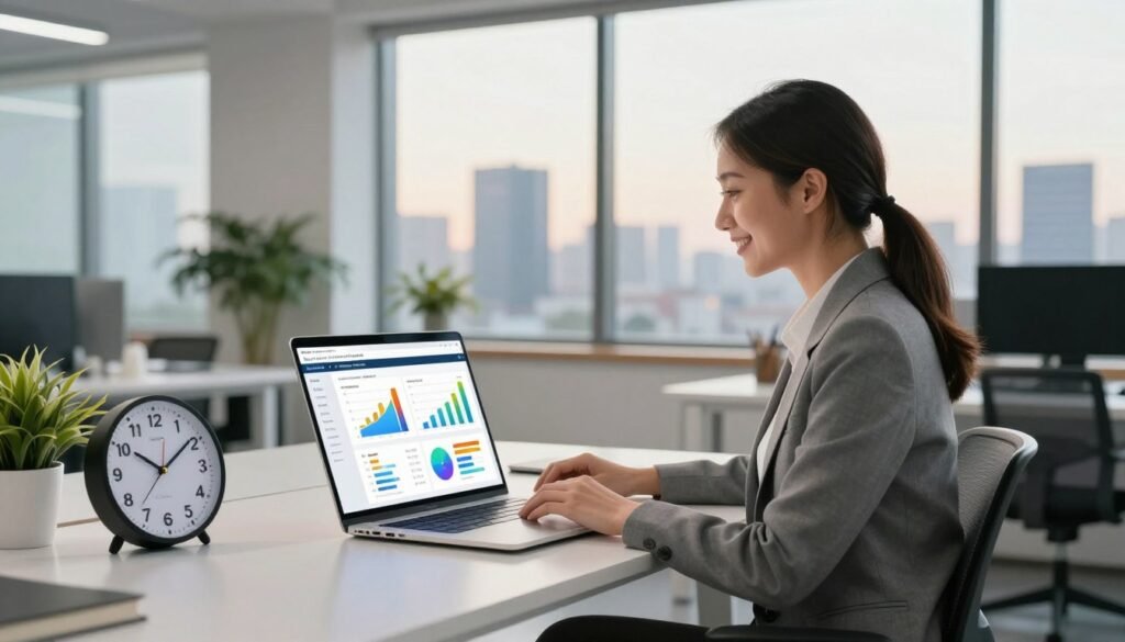 A modern office environment featuring a professional woman in business attire, seated at a sleek desk with a laptop open to the Gamma AI presentation maker interface. She is smiling with a look of satisfaction as vibrant graphs and slides appear on the screen, symbolizing productivity and creativity. In the foreground, a digital clock shows time saved, emphasizing efficiency. The middle ground showcases a clean, minimalist workspace with plants and stationery. In the background, a large window reveals a city skyline bathed in soft afternoon light, creating a warm and inspiring atmosphere. The image should have a focus on crisp, bright colors to evoke a sense of innovation and time-saving benefits within a collaborative professional space. A modern office environment featuring a professional woman in business attire, seated at a sleek desk with a laptop open to the Gamma AI presentation maker interface. She is smiling with a look of satisfaction as vibrant graphs and slides appear on the screen, symbolizing productivity and creativity. In the foreground, a digital clock shows time saved, emphasizing efficiency. The middle ground showcases a clean, minimalist workspace with plants and stationery. In the background, a large window reveals a city skyline bathed in soft afternoon light, creating a warm and inspiring atmosphere. The image should have a focus on crisp, bright colors to evoke a sense of innovation and time-saving benefits within a collaborative professional space.