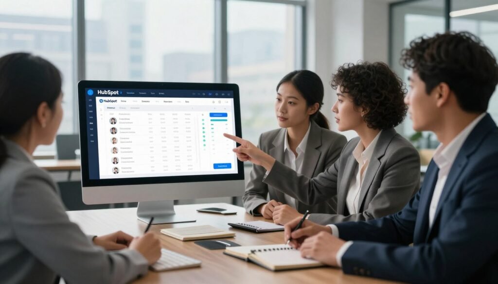 A modern office environment featuring a sleek CRM dashboard on a computer screen displaying contact data and analytics from HubSpot. In the foreground, a diverse group of professionals dressed in smart business attire are engaged in a collaborative discussion, pointing towards the screen. The middle section shows a polished conference table with notebooks and digital devices, while the background reveals a bright window with cityscape views, suggesting a dynamic work atmosphere. Soft, ambient lighting enhances the professionalism of the scene, casting gentle shadows. The overall mood is focused and energetic, conveying the essence of effective marketing and sales strategies facilitated by HubSpot's CRM solutions. A modern office environment featuring a sleek CRM dashboard on a computer screen displaying contact data and analytics from HubSpot. In the foreground, a diverse group of professionals dressed in smart business attire are engaged in a collaborative discussion, pointing towards the screen. The middle section shows a polished conference table with notebooks and digital devices, while the background reveals a bright window with cityscape views, suggesting a dynamic work atmosphere. Soft, ambient lighting enhances the professionalism of the scene, casting gentle shadows. The overall mood is focused and energetic, conveying the essence of effective marketing and sales strategies facilitated by HubSpot's CRM solutions.