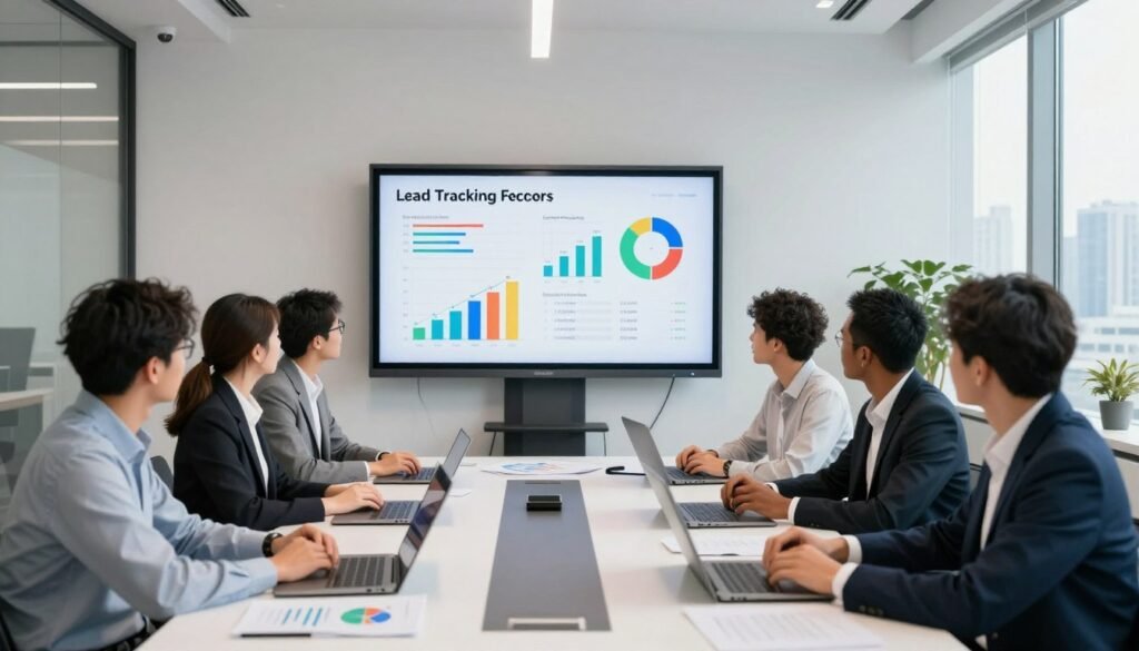 A modern office environment focusing on lead tracking features. In the foreground, a diverse group of professionals of different ethnicities, dressed in business attire, engaged in a discussion around a sleek conference table covered with digital devices and charts. In the middle ground, a large screen displays colorful graphs and lead tracking metrics. The background shows a well-lit office with minimalist decor, featuring large windows offering a city skyline view. The lighting is bright and natural, creating an energetic and productive atmosphere. The overall mood conveys teamwork, innovation, and efficiency in analyzing conversion rates and lead management strategies. A modern office environment focusing on lead tracking features. In the foreground, a diverse group of professionals of different ethnicities, dressed in business attire, engaged in a discussion around a sleek conference table covered with digital devices and charts. In the middle ground, a large screen displays colorful graphs and lead tracking metrics. The background shows a well-lit office with minimalist decor, featuring large windows offering a city skyline view. The lighting is bright and natural, creating an energetic and productive atmosphere. The overall mood conveys teamwork, innovation, and efficiency in analyzing conversion rates and lead management strategies.