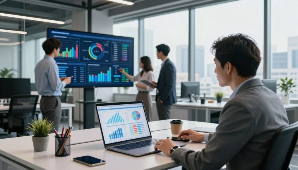 A modern office environment illustrating an optimized data workflow. In the foreground, a sleek desk with a high-tech laptop displaying colorful charts and graphs surrounded by modern stationery. In the middle, a team of four professionals in business attire, analyzing data on a large digital screen with various data visualizations, showcasing collaboration and innovation. In the background, large windows allowing natural light to fill the space, enhancing the vibrant atmosphere, with a view of a bustling cityscape. Soft diffused lighting creates a productive mood, emphasizing clarity and efficiency in the workflow. The angle captures the scene from a slight elevation, adding depth and perspective to the workspace. A modern office environment illustrating an optimized data workflow. In the foreground, a sleek desk with a high-tech laptop displaying colorful charts and graphs surrounded by modern stationery. In the middle, a team of four professionals in business attire, analyzing data on a large digital screen with various data visualizations, showcasing collaboration and innovation. In the background, large windows allowing natural light to fill the space, enhancing the vibrant atmosphere, with a view of a bustling cityscape. Soft diffused lighting creates a productive mood, emphasizing clarity and efficiency in the workflow. The angle captures the scene from a slight elevation, adding depth and perspective to the workspace.