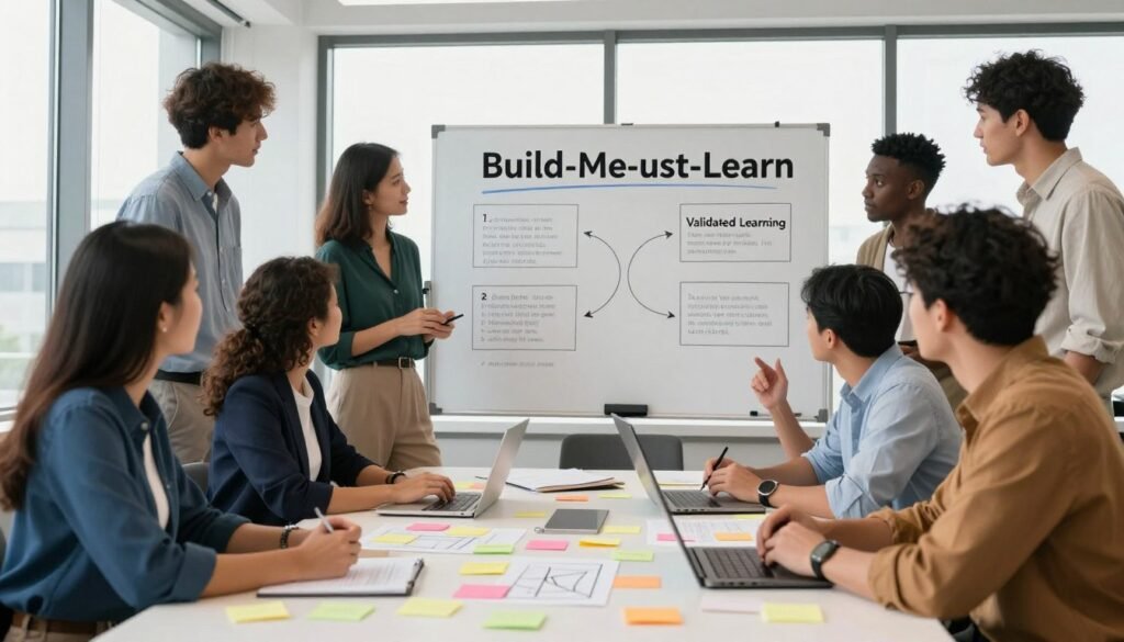 A modern office environment illustrating the core principles of lean startup. In the foreground, a diverse group of professionals, including a woman in business attire and a man in smart casual wear, are engaged in a dynamic brainstorming session around a large table filled with sticky notes and diagrams. In the middle ground, a whiteboard displays key lean startup concepts like "Build-Measure-Learn" and "Validated Learning" in a clear, organized fashion. The background features large windows letting in natural light, creating a bright and inspiring atmosphere. The composition emphasizes teamwork and innovation. The lighting is soft, with a focus on the table and whiteboard elements. The overall mood should be energetic and focused, capturing the essence of agile business development. A modern office environment illustrating the core principles of lean startup. In the foreground, a diverse group of professionals, including a woman in business attire and a man in smart casual wear, are engaged in a dynamic brainstorming session around a large table filled with sticky notes and diagrams. In the middle ground, a whiteboard displays key lean startup concepts like "Build-Measure-Learn" and "Validated Learning" in a clear, organized fashion. The background features large windows letting in natural light, creating a bright and inspiring atmosphere. The composition emphasizes teamwork and innovation. The lighting is soft, with a focus on the table and whiteboard elements. The overall mood should be energetic and focused, capturing the essence of agile business development.