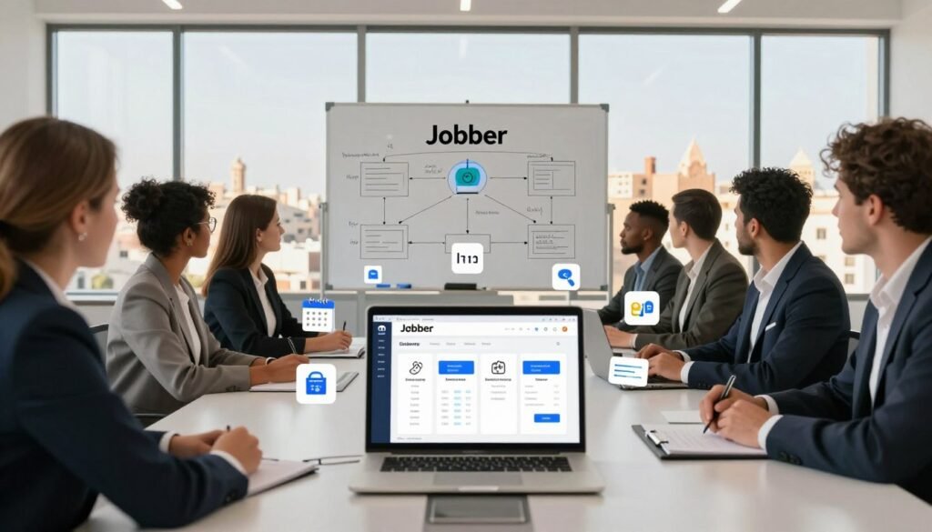 A modern office environment in Morocco, featuring a diverse group of professionals in business attire gathered around a sleek conference table. The foreground highlights a laptop displaying Jobber's software interface, showcasing integration features with various other software icons like calendars, project management tools, and accounting software floating around it. In the middle, a whiteboard filled with flowcharts and connection diagrams illustrates how Jobber fits into a larger business ecosystem. The background shows large windows with a view of a bustling Moroccan cityscape, illuminated by warm, natural light. The scene conveys a sense of collaboration and innovation, capturing the essence of software compatibility and integration. The atmosphere is bright and professional, evoking a sense of productivity and teamwork. A modern office environment in Morocco, featuring a diverse group of professionals in business attire gathered around a sleek conference table. The foreground highlights a laptop displaying Jobber's software interface, showcasing integration features with various other software icons like calendars, project management tools, and accounting software floating around it. In the middle, a whiteboard filled with flowcharts and connection diagrams illustrates how Jobber fits into a larger business ecosystem. The background shows large windows with a view of a bustling Moroccan cityscape, illuminated by warm, natural light. The scene conveys a sense of collaboration and innovation, capturing the essence of software compatibility and integration. The atmosphere is bright and professional, evoking a sense of productivity and teamwork.