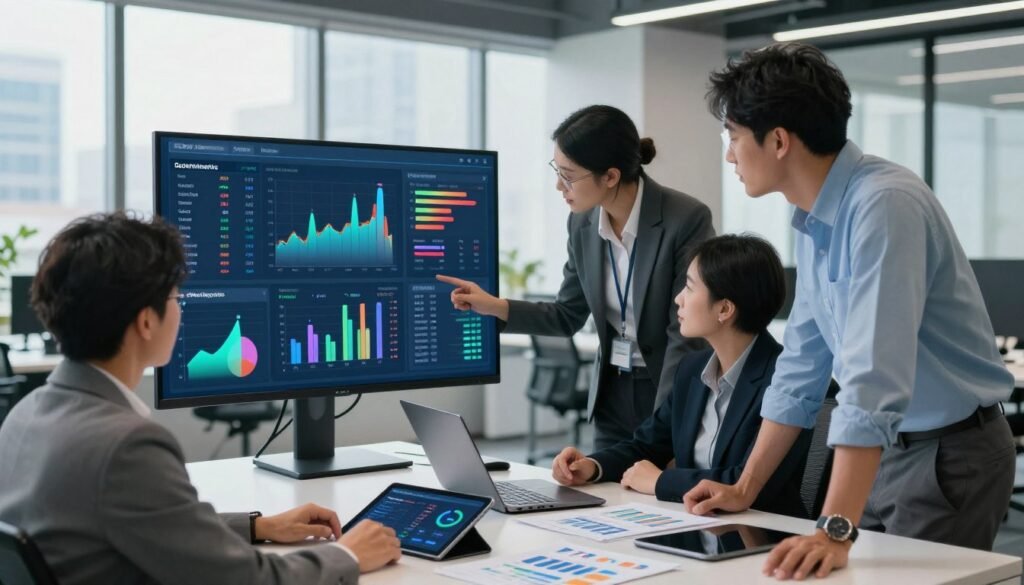 A modern office environment reflecting digital advertising performance optimization. In the foreground, a diverse group of three professionals, dressed in smart business attire, collaboratively analyzing data on a large screen filled with colorful graphs and performance metrics. In the middle, a sleek desk with laptops, digital tablets, and marketing strategy documents. The background features a contemporary office space with large windows, allowing natural light to flood in, creating a bright and inspiring atmosphere. Soft-focused cityscape visible outside, hinting at a vibrant urban setting. The overall mood is focused, dynamic, and innovative, emphasizing teamwork and strategic planning in digital marketing optimization. A modern office environment reflecting digital advertising performance optimization. In the foreground, a diverse group of three professionals, dressed in smart business attire, collaboratively analyzing data on a large screen filled with colorful graphs and performance metrics. In the middle, a sleek desk with laptops, digital tablets, and marketing strategy documents. The background features a contemporary office space with large windows, allowing natural light to flood in, creating a bright and inspiring atmosphere. Soft-focused cityscape visible outside, hinting at a vibrant urban setting. The overall mood is focused, dynamic, and innovative, emphasizing teamwork and strategic planning in digital marketing optimization.