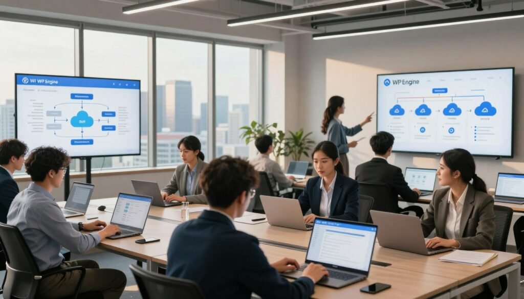 A modern office environment showcasing a dynamic migration process to WP Engine. In the foreground, a diverse team of professionals, dressed in business attire, engages intently with laptops displaying cloud migration interfaces. The middle ground includes large screens on the walls, illustrating data migration flowcharts and analytics, with various cloud logos. The background features a stylish view of a city skyline through large windows, bathed in warm, natural light, creating an atmosphere of innovation and collaboration. Use a wide-angle lens to capture the entire scene with clarity and detail, emphasizing the teamwork and focus on overcoming potential challenges in the migration process. The overall mood should reflect determination and technological advancement, ideal for a professional setting. A modern office environment showcasing a dynamic migration process to WP Engine. In the foreground, a diverse team of professionals, dressed in business attire, engages intently with laptops displaying cloud migration interfaces. The middle ground includes large screens on the walls, illustrating data migration flowcharts and analytics, with various cloud logos. The background features a stylish view of a city skyline through large windows, bathed in warm, natural light, creating an atmosphere of innovation and collaboration. Use a wide-angle lens to capture the entire scene with clarity and detail, emphasizing the teamwork and focus on overcoming potential challenges in the migration process. The overall mood should reflect determination and technological advancement, ideal for a professional setting.