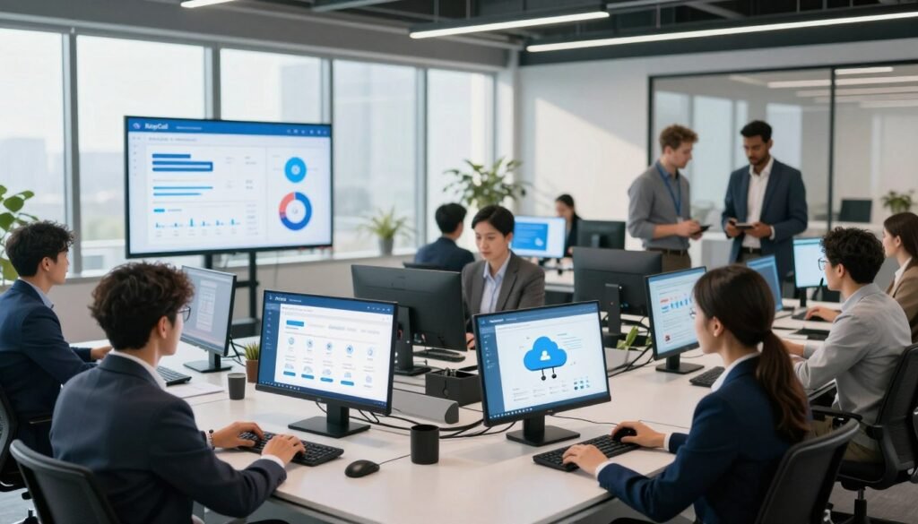 A modern office environment showcasing a professional team engaged in cloud telephony management. In the foreground, a diverse group of business professionals, dressed in smart business attire, are actively discussing phone features on touchscreen devices and laptops, highlighting key functionalities of KrispCall. The middle ground features large screens displaying charts and icons representing call management, analytics, and cloud integration. The background shows a sleek office space with large windows allowing natural light to flood in, casting soft shadows. The atmosphere is vibrant yet focused, conveying innovation and collaboration in a futuristic setup. Use a wide-angle lens effect to emphasize the spaciousness and clarity. A modern office environment showcasing a professional team engaged in cloud telephony management. In the foreground, a diverse group of business professionals, dressed in smart business attire, are actively discussing phone features on touchscreen devices and laptops, highlighting key functionalities of KrispCall. The middle ground features large screens displaying charts and icons representing call management, analytics, and cloud integration. The background shows a sleek office space with large windows allowing natural light to flood in, casting soft shadows. The atmosphere is vibrant yet focused, conveying innovation and collaboration in a futuristic setup. Use a wide-angle lens effect to emphasize the spaciousness and clarity.