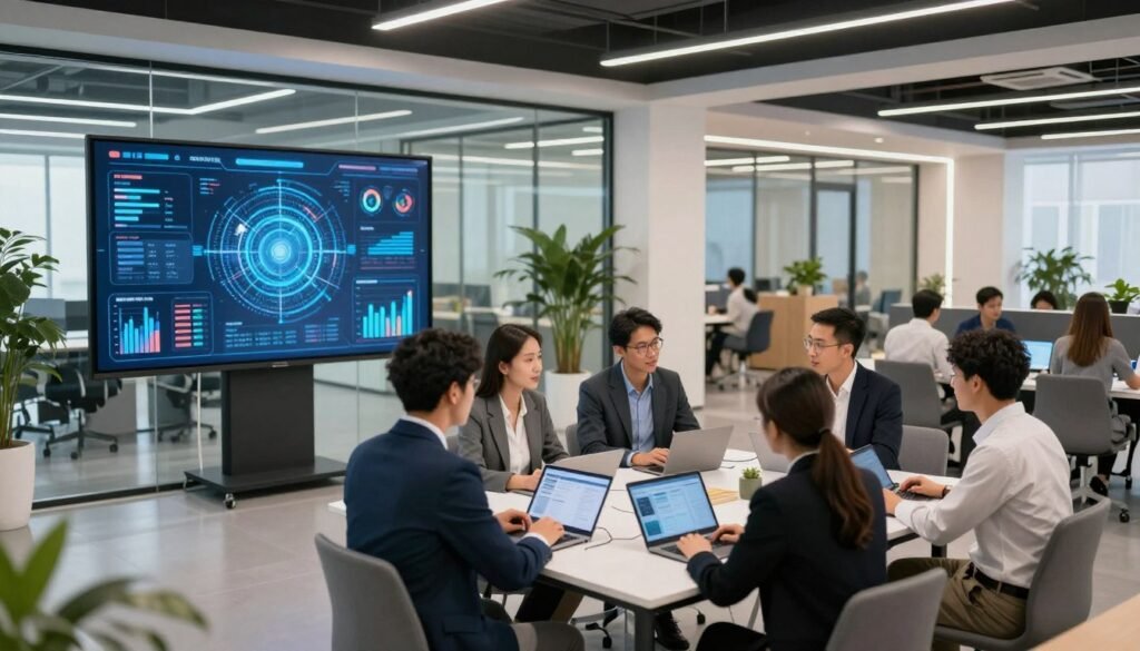A modern office environment showcasing innovative sectors and digital transformation. In the foreground, a diverse group of professionals, dressed in smart business attire, engage in a collaborative discussion with digital devices in hand. The middle ground features a large digital screen displaying data analytics and futuristic graphics, symbolizing technological advancement. In the background, a sleek, contemporary workspace with glass walls and greenery, reflecting a vibrant, progressive atmosphere. Ambient lighting creates a bright and welcoming feel, while a wide-angle lens captures the dynamic interaction of ideas. The overall mood is one of creativity, collaboration, and forward-thinking innovation. A modern office environment showcasing innovative sectors and digital transformation. In the foreground, a diverse group of professionals, dressed in smart business attire, engage in a collaborative discussion with digital devices in hand. The middle ground features a large digital screen displaying data analytics and futuristic graphics, symbolizing technological advancement. In the background, a sleek, contemporary workspace with glass walls and greenery, reflecting a vibrant, progressive atmosphere. Ambient lighting creates a bright and welcoming feel, while a wide-angle lens captures the dynamic interaction of ideas. The overall mood is one of creativity, collaboration, and forward-thinking innovation.