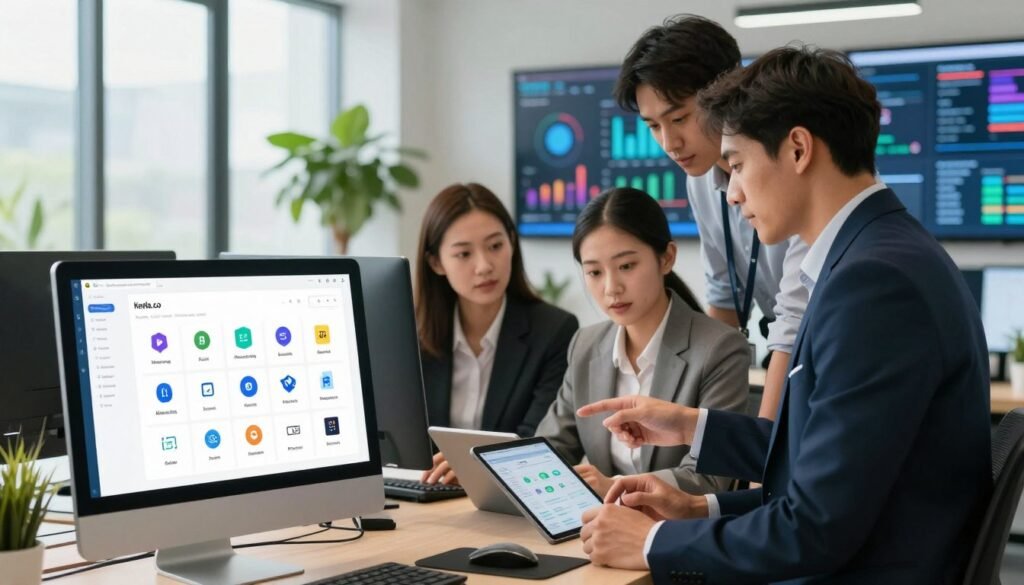 A modern office environment showcasing vibrant marketing tool integrations. In the foreground, a sleek computer screen displays the Keela.co dashboard with various icons of marketing tools seamlessly integrated. In the middle, a diverse group of three professionals in business attire collaborates, engaging with tablet devices and discussing project plans. Their expressions reflect focus and teamwork. The background features a bright, well-lit office with greenery and digital screens showcasing data analytics and marketing strategy visuals. Use natural light streaming through large windows to create a productive atmosphere. The overall mood is dynamic and innovative, emphasizing efficiency and collaboration in a digital workspace. The composition should capture depth with a slight focus on the team, enhancing the theme of integration in the digital ecosystem. A modern office environment showcasing vibrant marketing tool integrations. In the foreground, a sleek computer screen displays the Keela.co dashboard with various icons of marketing tools seamlessly integrated. In the middle, a diverse group of three professionals in business attire collaborates, engaging with tablet devices and discussing project plans. Their expressions reflect focus and teamwork. The background features a bright, well-lit office with greenery and digital screens showcasing data analytics and marketing strategy visuals. Use natural light streaming through large windows to create a productive atmosphere. The overall mood is dynamic and innovative, emphasizing efficiency and collaboration in a digital workspace. The composition should capture depth with a slight focus on the team, enhancing the theme of integration in the digital ecosystem.