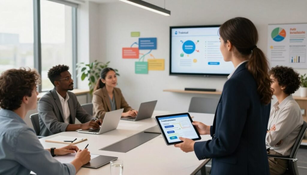 A modern office environment with a focus on collaboration and learning, featuring a diverse group of professionals engaged in discussion around a sleek conference table. In the foreground, a woman in smart business attire is presenting on a tablet, highlighting key features such as training modules, onboarding processes, and performance analytics. The middle ground showcases a wall with colorful infographics and digital displays illustrating Trainual's functionalities. The background features large windows with soft natural lighting, casting a warm glow over the scene. The mood is dynamic and productive, conveying a sense of innovation and teamwork in business management. The angle is slightly elevated, capturing the vibrant energy of the workplace without any text or distractions. A modern office environment with a focus on collaboration and learning, featuring a diverse group of professionals engaged in discussion around a sleek conference table. In the foreground, a woman in smart business attire is presenting on a tablet, highlighting key features such as training modules, onboarding processes, and performance analytics. The middle ground showcases a wall with colorful infographics and digital displays illustrating Trainual's functionalities. The background features large windows with soft natural lighting, casting a warm glow over the scene. The mood is dynamic and productive, conveying a sense of innovation and teamwork in business management. The angle is slightly elevated, capturing the vibrant energy of the workplace without any text or distractions.