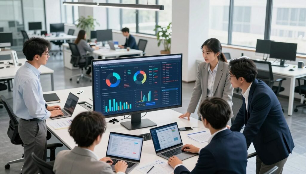 A modern office environment with a professional setting, showcasing a team conducting a comprehensive digital audit. In the foreground, a diverse group of three professionals, dressed in smart business attire, actively collaborating over a large digital screen displaying graphs, analytics, and website performance metrics. The middle layer features a sleek conference table cluttered with laptops, reports, and digital devices, highlighting the importance of data in their discussion. The background reveals a bright, open workspace with large windows letting in natural light, adding a sense of clarity and focus. The atmosphere is dynamic and focused, with soft lighting to enhance the professionalism, captured from a slightly elevated angle to give an expansive view of the teamwork in action. A modern office environment with a professional setting, showcasing a team conducting a comprehensive digital audit. In the foreground, a diverse group of three professionals, dressed in smart business attire, actively collaborating over a large digital screen displaying graphs, analytics, and website performance metrics. The middle layer features a sleek conference table cluttered with laptops, reports, and digital devices, highlighting the importance of data in their discussion. The background reveals a bright, open workspace with large windows letting in natural light, adding a sense of clarity and focus. The atmosphere is dynamic and focused, with soft lighting to enhance the professionalism, captured from a slightly elevated angle to give an expansive view of the teamwork in action.