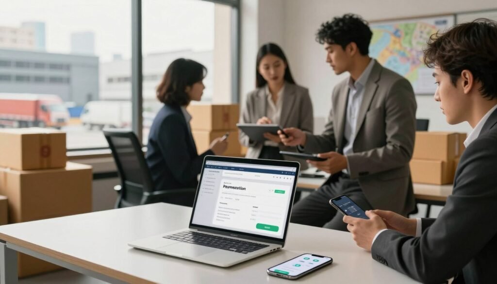 A modern office interior showcasing the integration of payment solutions and logistics. In the foreground, a sleek desk with a laptop displaying a payment processing interface, alongside a smartphone with digital wallet apps open. In the middle ground, a diverse group of professionals in business attire discussing logistics strategies over a tablet, with various shipping boxes and a map in the background. The background features a large window revealing a cityscape with warehouses and delivery trucks. Soft, natural light filters in, creating a warm and collaborative atmosphere. The image conveys innovation in e-commerce and logistics efficiency, focusing on professionalism and teamwork. A modern office interior showcasing the integration of payment solutions and logistics. In the foreground, a sleek desk with a laptop displaying a payment processing interface, alongside a smartphone with digital wallet apps open. In the middle ground, a diverse group of professionals in business attire discussing logistics strategies over a tablet, with various shipping boxes and a map in the background. The background features a large window revealing a cityscape with warehouses and delivery trucks. Soft, natural light filters in, creating a warm and collaborative atmosphere. The image conveys innovation in e-commerce and logistics efficiency, focusing on professionalism and teamwork.
