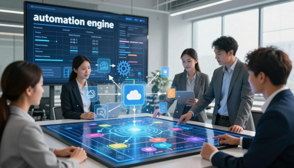 A modern office scene featuring a sleek digital dashboard displaying automated workflows and connections, symbolizing the concept of "automation engine." In the foreground, a diverse group of professionals in business attire are collaborating around a large touchscreen, pointing at a colorful flowchart illustrating interconnected processes. The middle layer includes floating iconography representing data integration, such as gears, arrows, and cloud symbols, seamlessly merging together. The background shows a contemporary workspace with large windows allowing natural light to illuminate the area, creating a bright and inspiring atmosphere. The focus is sharp on the interaction, with a soft blur on the background elements. Overall, the mood is dynamic and optimistic, reflecting innovation and collaboration in business automation. A modern office scene featuring a sleek digital dashboard displaying automated workflows and connections, symbolizing the concept of "automation engine." In the foreground, a diverse group of professionals in business attire are collaborating around a large touchscreen, pointing at a colorful flowchart illustrating interconnected processes. The middle layer includes floating iconography representing data integration, such as gears, arrows, and cloud symbols, seamlessly merging together. The background shows a contemporary workspace with large windows allowing natural light to illuminate the area, creating a bright and inspiring atmosphere. The focus is sharp on the interaction, with a soft blur on the background elements. Overall, the mood is dynamic and optimistic, reflecting innovation and collaboration in business automation.
