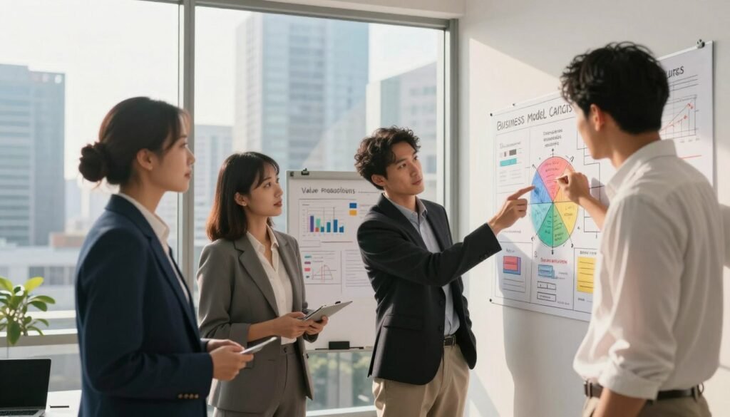 A modern office setting depicting the practical steps to create a business model canvas. In the foreground, a diverse group of three professionals (two men and one woman) dressed in smart business attire, collaboratively discussing and pointing at a large, colorful business model canvas displayed on a wall. In the middle ground, a whiteboard filled with brainstorming ideas and charts outlining various components of a business model, like value propositions and customer segments. The background features a city skyline through large windows, bathed in warm afternoon sunlight, creating a productive and inspiring atmosphere. The focus is sharp on the professionals, with a soft blur on the background elements, capturing a sense of teamwork and innovation. A modern office setting depicting the practical steps to create a business model canvas. In the foreground, a diverse group of three professionals (two men and one woman) dressed in smart business attire, collaboratively discussing and pointing at a large, colorful business model canvas displayed on a wall. In the middle ground, a whiteboard filled with brainstorming ideas and charts outlining various components of a business model, like value propositions and customer segments. The background features a city skyline through large windows, bathed in warm afternoon sunlight, creating a productive and inspiring atmosphere. The focus is sharp on the professionals, with a soft blur on the background elements, capturing a sense of teamwork and innovation.