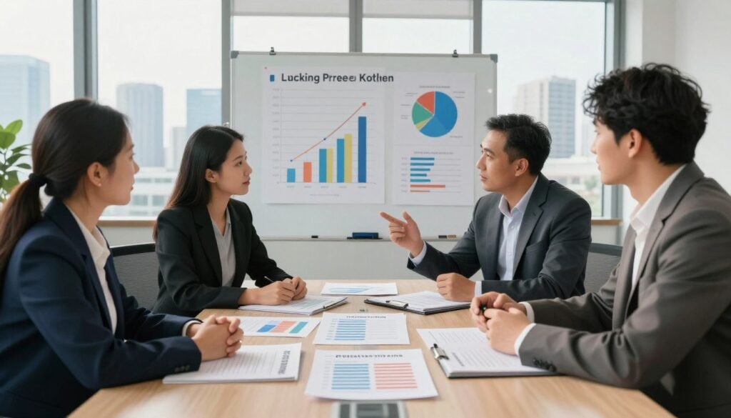 A modern office setting features a sleek conference table with an array of documents illustrating diverse pricing plans for lead tracking services. In the foreground, a diverse group of three professionals in business attire discuss the plans, highlighting collaboration and strategy. In the middle ground, a large whiteboard displays colorful charts and graphs showing conversion rates and lead follow-up metrics. The background depicts a city skyline through large windows, symbolizing growth and opportunity. Soft, natural lighting filters in, casting a warm glow over the scene, creating an atmosphere of productivity and innovation. Capture the image from a slightly elevated angle, focusing on the professionals' engaged expressions and the detailed presentations of the pricing plans. A modern office setting features a sleek conference table with an array of documents illustrating diverse pricing plans for lead tracking services. In the foreground, a diverse group of three professionals in business attire discuss the plans, highlighting collaboration and strategy. In the middle ground, a large whiteboard displays colorful charts and graphs showing conversion rates and lead follow-up metrics. The background depicts a city skyline through large windows, symbolizing growth and opportunity. Soft, natural lighting filters in, casting a warm glow over the scene, creating an atmosphere of productivity and innovation. Capture the image from a slightly elevated angle, focusing on the professionals' engaged expressions and the detailed presentations of the pricing plans.