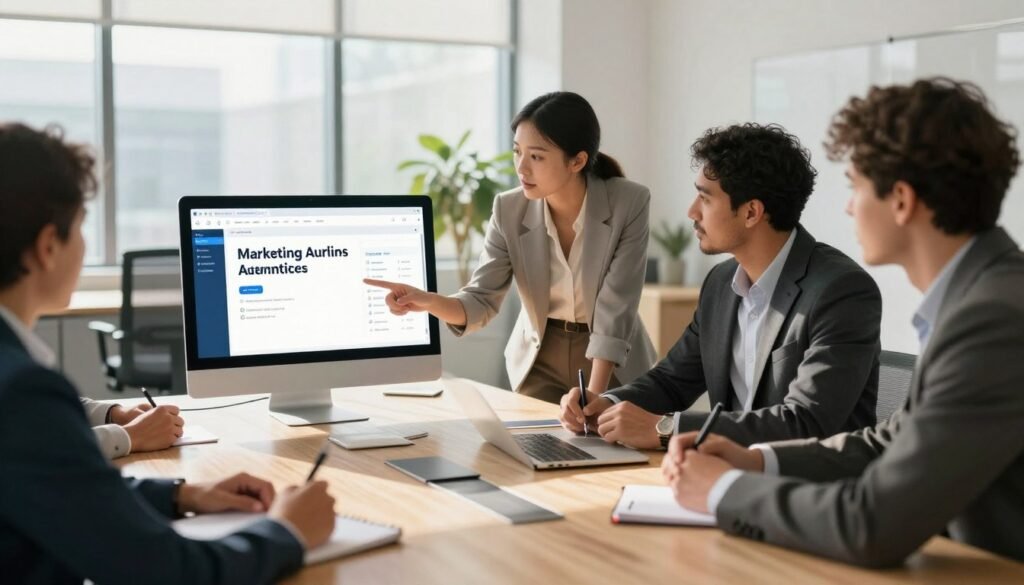 A modern office setting featuring a diverse group of professionals engaged in a brainstorming session around a large conference table. The foreground showcases a digital device displaying marketing automation software on a screen. In the middle ground, a businesswoman dressed in smart casual attire is pointing at the screen, while a businessman in formal wear takes notes. The background features large windows with natural light streaming in, creating an open and collaborative atmosphere. Soft shadows cast by sunlight enhance the dynamic feel of the room. The overall mood is focused and innovative, symbolizing the competitive landscape of marketing automation alternatives in 2024. Use a medium-wide angle to capture the essence of teamwork and technology. A modern office setting featuring a diverse group of professionals engaged in a brainstorming session around a large conference table. The foreground showcases a digital device displaying marketing automation software on a screen. In the middle ground, a businesswoman dressed in smart casual attire is pointing at the screen, while a businessman in formal wear takes notes. The background features large windows with natural light streaming in, creating an open and collaborative atmosphere. Soft shadows cast by sunlight enhance the dynamic feel of the room. The overall mood is focused and innovative, symbolizing the competitive landscape of marketing automation alternatives in 2024. Use a medium-wide angle to capture the essence of teamwork and technology.