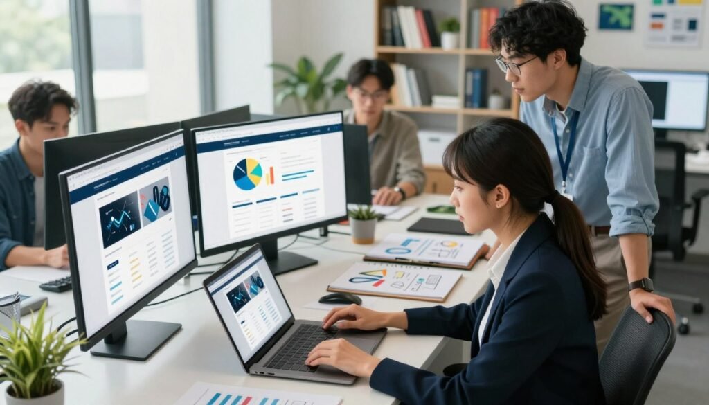 A modern office setting featuring a diverse team of professionals collaborating on the creation of high-performance websites. In the foreground, a focused woman in smart business attire examines a laptop, strategizing website features. Beside her, a man in professional attire sketches design ideas on a notepad. The middle layer showcases a large screen displaying stunning website layouts and graphs reflecting performance metrics. In the background, shelves filled with books on web development and digital marketing hint at a vibrant learning environment. Bright, natural lighting filters through large windows, creating an inviting atmosphere. The angle is slightly elevated, providing a comprehensive view of the teamwork and innovation in action, highlighting engagement and creativity without any text or branding elements. A modern office setting featuring a diverse team of professionals collaborating on the creation of high-performance websites. In the foreground, a focused woman in smart business attire examines a laptop, strategizing website features. Beside her, a man in professional attire sketches design ideas on a notepad. The middle layer showcases a large screen displaying stunning website layouts and graphs reflecting performance metrics. In the background, shelves filled with books on web development and digital marketing hint at a vibrant learning environment. Bright, natural lighting filters through large windows, creating an inviting atmosphere. The angle is slightly elevated, providing a comprehensive view of the teamwork and innovation in action, highlighting engagement and creativity without any text or branding elements.