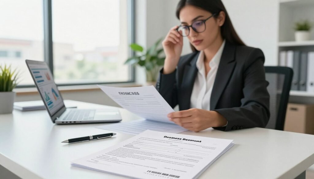 A modern office setting featuring a professional businesswoman in smart attire, seated at a sleek desk filled with documents related to business registration and CNSS affiliation. In the foreground, focus on a detailed view of registration papers, a pen, and a laptop displaying charts and data. The middle ground shows the businesswoman reviewing the documents with a look of concentration, her glasses resting on her nose, surrounded by organizers and a plant for a calm atmosphere. In the background, large windows reveal a sunny day outside, creating a bright and optimistic mood. Soft, natural lighting enhances the scene, emphasizing clarity and importance. The overall atmosphere reflects professionalism and efficiency in the process of registering a business in Morocco. A modern office setting featuring a professional businesswoman in smart attire, seated at a sleek desk filled with documents related to business registration and CNSS affiliation. In the foreground, focus on a detailed view of registration papers, a pen, and a laptop displaying charts and data. The middle ground shows the businesswoman reviewing the documents with a look of concentration, her glasses resting on her nose, surrounded by organizers and a plant for a calm atmosphere. In the background, large windows reveal a sunny day outside, creating a bright and optimistic mood. Soft, natural lighting enhances the scene, emphasizing clarity and importance. The overall atmosphere reflects professionalism and efficiency in the process of registering a business in Morocco.