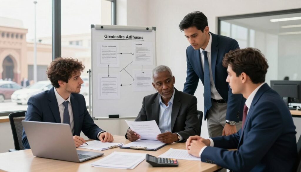A modern office setting in Morocco highlighting administrative obligations and legal formalities. In the foreground, a diverse group of three professionals in smart business attire gathered around a table filled with important documents, a laptop, and a calculator. The middle features a whiteboard with diagrams and notes about legal processes and government compliance, creating a sense of collaboration and focus. In the background, large windows with natural light pouring in, revealing a view of a bustling street, symbolizing the intersection of business and legal requirements in Morocco. The atmosphere is lively yet professional, reflecting the importance of adhering to legal obligations in a business context. A modern office setting in Morocco highlighting administrative obligations and legal formalities. In the foreground, a diverse group of three professionals in smart business attire gathered around a table filled with important documents, a laptop, and a calculator. The middle features a whiteboard with diagrams and notes about legal processes and government compliance, creating a sense of collaboration and focus. In the background, large windows with natural light pouring in, revealing a view of a bustling street, symbolizing the intersection of business and legal requirements in Morocco. The atmosphere is lively yet professional, reflecting the importance of adhering to legal obligations in a business context.