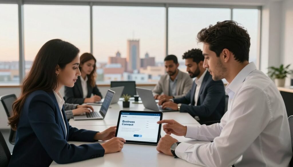 A modern office setting in Morocco, showcasing a team of diverse professionals engaged in a business telecommunications enrollment process. In the foreground, two individuals—one Moroccan woman in a smart blazer and one Moroccan man in a crisp shirt—are discussing a tablet displaying the Inwi Business Connect interface, highlighting ease of use. In the middle ground, other team members can be seen collaborating at a conference table, with laptops and telecom devices around them, symbolizing connectivity. The background features a large window with a view of the Moroccan skyline, bathed in soft, natural light from a late afternoon sun, creating a warm, professional atmosphere. Capture the scene from a slightly elevated angle to emphasize teamwork and innovation. A modern office setting in Morocco, showcasing a team of diverse professionals engaged in a business telecommunications enrollment process. In the foreground, two individuals—one Moroccan woman in a smart blazer and one Moroccan man in a crisp shirt—are discussing a tablet displaying the Inwi Business Connect interface, highlighting ease of use. In the middle ground, other team members can be seen collaborating at a conference table, with laptops and telecom devices around them, symbolizing connectivity. The background features a large window with a view of the Moroccan skyline, bathed in soft, natural light from a late afternoon sun, creating a warm, professional atmosphere. Capture the scene from a slightly elevated angle to emphasize teamwork and innovation.