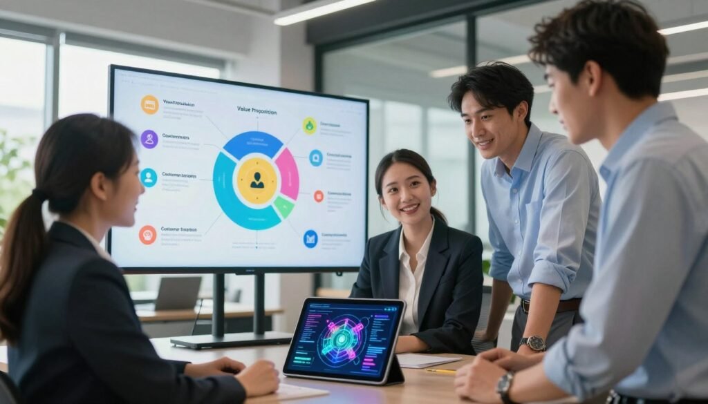 A modern office setting showcasing a collaborative workspace. In the foreground, a diverse group of three business professionals, including a woman in a smart blazer and two men in button-up shirts, are gathered around a digital tablet displaying a colorful generative AI model graphic. In the middle, a large transparent screen projects various business model elements, like value propositions and customer segments, illustrated with vibrant icons and diagrams. The background features large windows with natural light streaming in, greenery outside creating a calming atmosphere. The overall mood is optimistic and innovative, emphasizing the integration of AI into business strategies. Use soft lighting to enhance the professionalism of the scene, captured with a slight tilt angle for a dynamic perspective. A modern office setting showcasing a collaborative workspace. In the foreground, a diverse group of three business professionals, including a woman in a smart blazer and two men in button-up shirts, are gathered around a digital tablet displaying a colorful generative AI model graphic. In the middle, a large transparent screen projects various business model elements, like value propositions and customer segments, illustrated with vibrant icons and diagrams. The background features large windows with natural light streaming in, greenery outside creating a calming atmosphere. The overall mood is optimistic and innovative, emphasizing the integration of AI into business strategies. Use soft lighting to enhance the professionalism of the scene, captured with a slight tilt angle for a dynamic perspective.