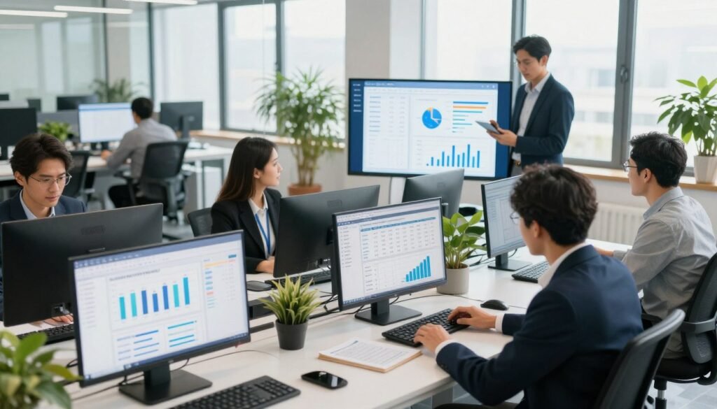 A modern office setting showcasing a dynamic and collaborative workspace dedicated to human resource management. In the foreground, a diverse group of professionals in business attire are engaging with digital devices, analyzing HR software on screens. In the middle ground, a large digital display shows intuitive graphs and charts related to payroll and employee management, symbolizing a comprehensive HR solution. The background reveals a bright, open-plan office with natural light flooding through large windows, plants adding a touch of greenery. The mood is focused yet optimistic, representing efficiency and teamwork. The image is well-lit, highlighting the professionals’ interactions. Use a slightly elevated angle to capture the entire scene, enhancing the depth and engagement within the workspace. A modern office setting showcasing a dynamic and collaborative workspace dedicated to human resource management. In the foreground, a diverse group of professionals in business attire are engaging with digital devices, analyzing HR software on screens. In the middle ground, a large digital display shows intuitive graphs and charts related to payroll and employee management, symbolizing a comprehensive HR solution. The background reveals a bright, open-plan office with natural light flooding through large windows, plants adding a touch of greenery. The mood is focused yet optimistic, representing efficiency and teamwork. The image is well-lit, highlighting the professionals’ interactions. Use a slightly elevated angle to capture the entire scene, enhancing the depth and engagement within the workspace.