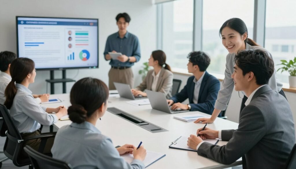 A modern office setting with a diverse group of professionals engaged in collaborative discussions, showcasing effective customer and employee experience solutions. In the foreground, a smiling employee in business attire is assisting a client, demonstrating a positive interaction. In the middle ground, other employees are engaged in brainstorming sessions around a large conference table, with digital screens displaying analytical data and customer feedback. The background features bright windows with soft natural light streaming in, enhancing the open and inviting atmosphere. Use a slightly elevated angle to capture the dynamic interactions while emphasizing the professionalism and teamwork. The overall mood is optimistic and productive, focusing on innovation and collaboration in a contemporary business environment. A modern office setting with a diverse group of professionals engaged in collaborative discussions, showcasing effective customer and employee experience solutions. In the foreground, a smiling employee in business attire is assisting a client, demonstrating a positive interaction. In the middle ground, other employees are engaged in brainstorming sessions around a large conference table, with digital screens displaying analytical data and customer feedback. The background features bright windows with soft natural light streaming in, enhancing the open and inviting atmosphere. Use a slightly elevated angle to capture the dynamic interactions while emphasizing the professionalism and teamwork. The overall mood is optimistic and productive, focusing on innovation and collaboration in a contemporary business environment.