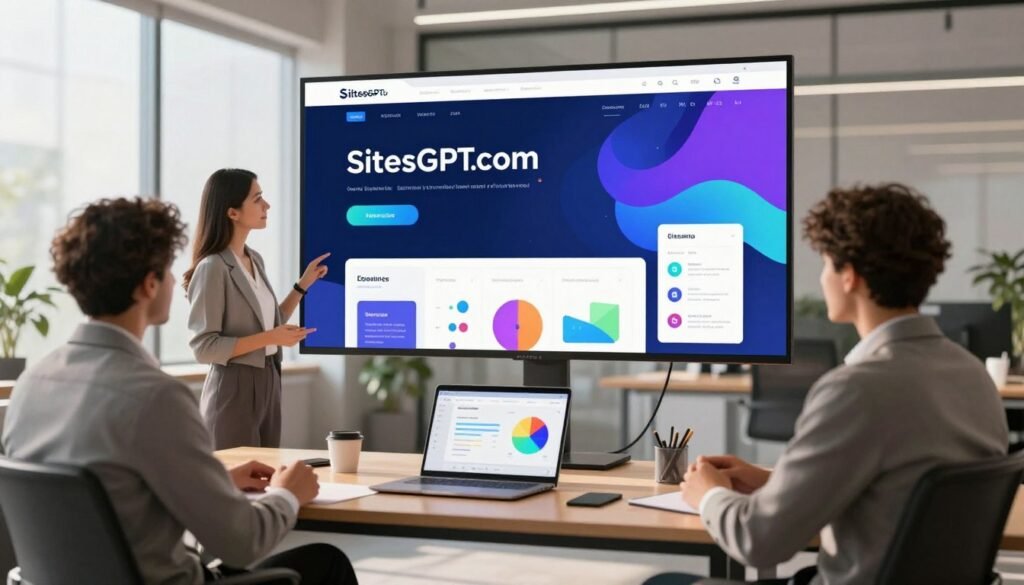 A modern office setting with a sleek, futuristic design as the background. In the foreground, a diverse group of three professionals, dressed in smart business attire, are engaging with a large digital screen showcasing vibrant visuals related to website creation through AI. The screen highlights key advantages like efficiency, cost-effectiveness, and user-friendliness in an abstract way. The middle layer features a stylish desk with a laptop displaying the SitesGPT.com interface, surrounded by design elements like colorful charts and graphs. Soft, natural lighting filters through large windows, creating a bright, inspirational atmosphere. A wide-angle perspective adds depth to the scene, with warm tones to evoke a feeling of innovation and collaboration. A modern office setting with a sleek, futuristic design as the background. In the foreground, a diverse group of three professionals, dressed in smart business attire, are engaging with a large digital screen showcasing vibrant visuals related to website creation through AI. The screen highlights key advantages like efficiency, cost-effectiveness, and user-friendliness in an abstract way. The middle layer features a stylish desk with a laptop displaying the SitesGPT.com interface, surrounded by design elements like colorful charts and graphs. Soft, natural lighting filters through large windows, creating a bright, inspirational atmosphere. A wide-angle perspective adds depth to the scene, with warm tones to evoke a feeling of innovation and collaboration.