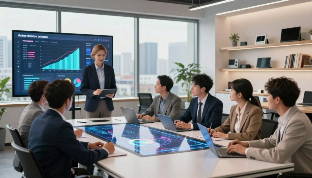 A modern office space showcasing the theme of automated course creation, with a sleek digital interface displaying colorful graphs and interactive modules. In the foreground, a diverse group of professionals, dressed in smart business attire, collaborates around a futuristic touchscreen table, engaged in a creative brainstorming session. The middle ground features a large window with a panoramic city view, allowing natural light to fill the space, enhancing a sense of innovation. In the background, minimalist shelves lined with digital devices and educational books symbolize advanced learning tools. The atmosphere is vibrant and dynamic, emphasizing collaboration and forward-thinking, captured with a soft focus, using warm lighting to evoke a sense of optimism and excitement about the future of corporate learning. A modern office space showcasing the theme of automated course creation, with a sleek digital interface displaying colorful graphs and interactive modules. In the foreground, a diverse group of professionals, dressed in smart business attire, collaborates around a futuristic touchscreen table, engaged in a creative brainstorming session. The middle ground features a large window with a panoramic city view, allowing natural light to fill the space, enhancing a sense of innovation. In the background, minimalist shelves lined with digital devices and educational books symbolize advanced learning tools. The atmosphere is vibrant and dynamic, emphasizing collaboration and forward-thinking, captured with a soft focus, using warm lighting to evoke a sense of optimism and excitement about the future of corporate learning.