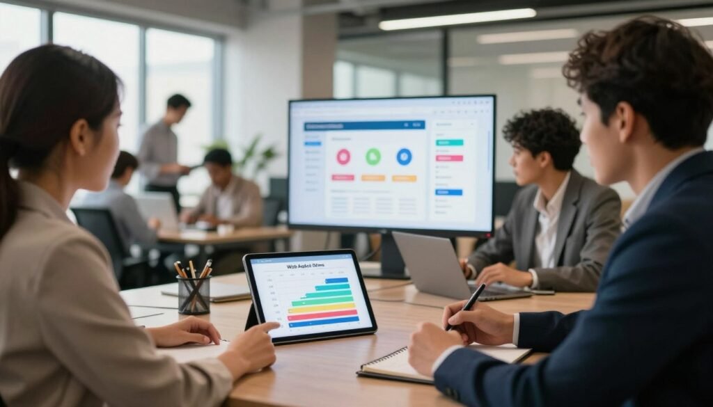 A modern office workspace bustling with activity, showcasing a diverse group of professionals dressed in business attire, engaged in a discussion about web application pricing plans. In the foreground, a woman points to a digital tablet displaying colorful graphs and pricing tiers, while a man takes notes on a notepad. The middle ground features a large screen with visualizations of web application pricing models and features. The background shows an open-concept office with large windows letting in soft natural light, creating a bright and encouraging atmosphere. The mood is focused and collaborative, with warm colors dominating the scene to evoke a sense of innovation and opportunity. The image should have a slightly blurred depth of field, emphasizing the foreground activity. A modern office workspace bustling with activity, showcasing a diverse group of professionals dressed in business attire, engaged in a discussion about web application pricing plans. In the foreground, a woman points to a digital tablet displaying colorful graphs and pricing tiers, while a man takes notes on a notepad. The middle ground features a large screen with visualizations of web application pricing models and features. The background shows an open-concept office with large windows letting in soft natural light, creating a bright and encouraging atmosphere. The mood is focused and collaborative, with warm colors dominating the scene to evoke a sense of innovation and opportunity. The image should have a slightly blurred depth of field, emphasizing the foreground activity.